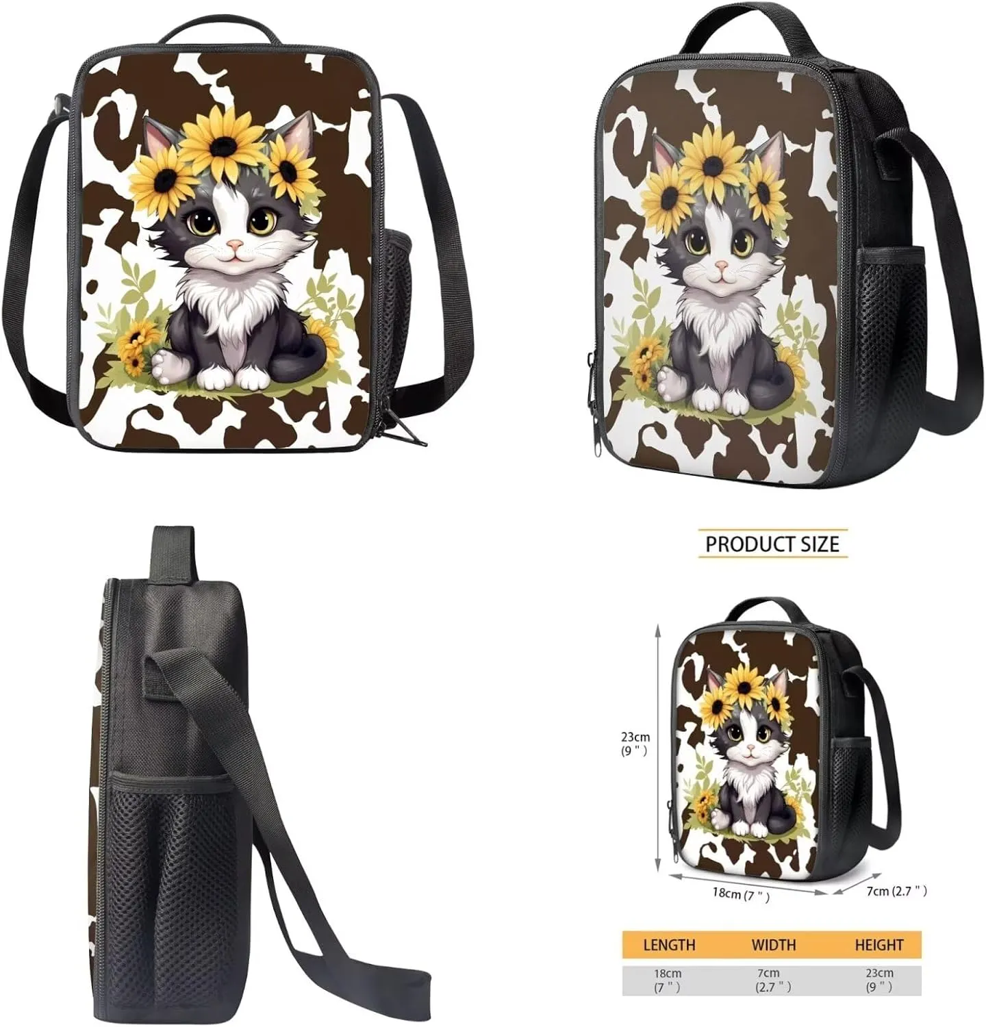 Suobstales Cat Sunflower Print 3 PCS Backpack Set for Girls Boys Kids Cow Pattern Large Capacity Student Schoolbags Bookbag with Cooler Lunch Box Pencil Case