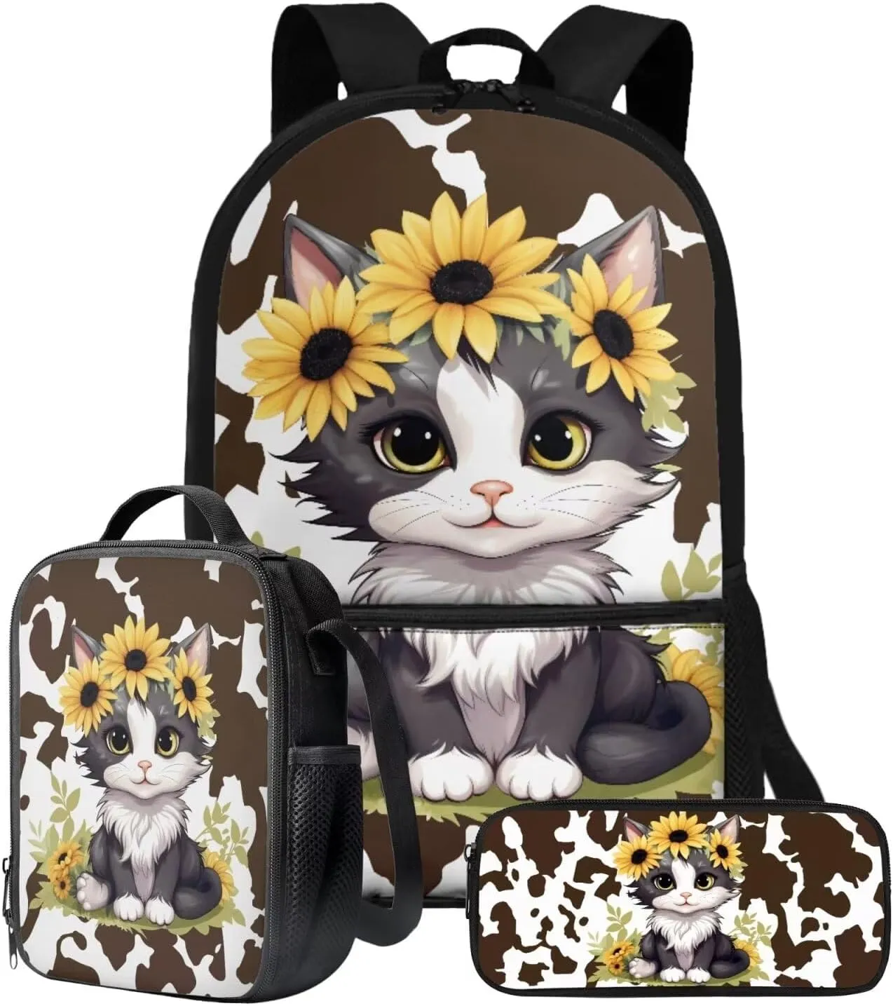 Suobstales Cat Sunflower Print 3 PCS Backpack Set for Girls Boys Kids Cow Pattern Large Capacity Student Schoolbags Bookbag with Cooler Lunch Box Pencil Case