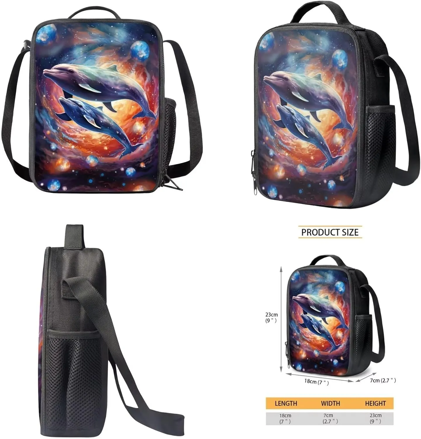 Suobstales Dolphin Galaxy Print Backpack for Kids Boys School Backpack Set for Teens Messenger Shoulder Bag Insulated Lunch Bag Pencil Case, Pack of 3