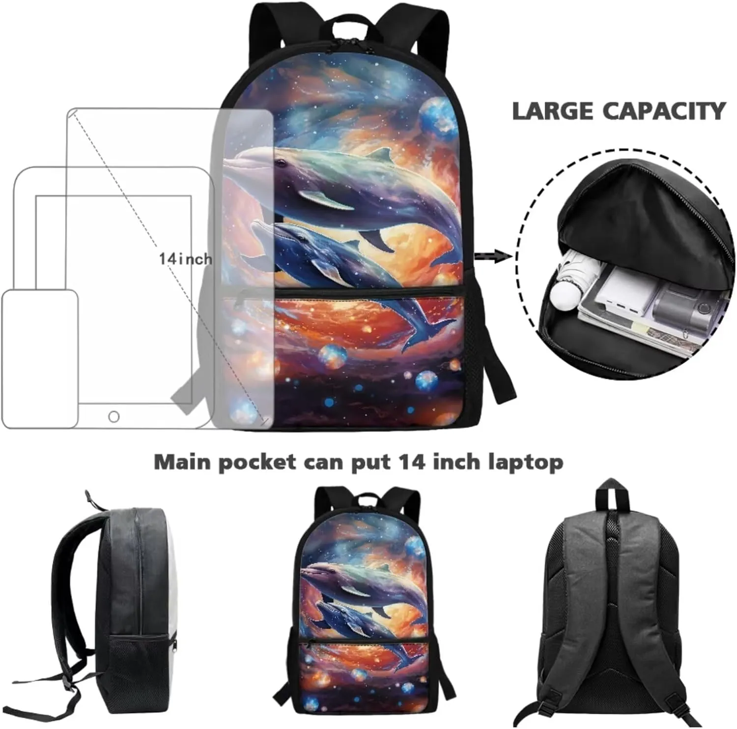 Suobstales Dolphin Galaxy Print Backpack for Kids Boys School Backpack Set for Teens Messenger Shoulder Bag Insulated Lunch Bag Pencil Case, Pack of 3