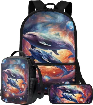 Suobstales Dolphin Galaxy Print Backpack for Kids Boys School Backpack Set for Teens Messenger Shoulder Bag Insulated Lunch Bag Pencil Case, Pack of 3