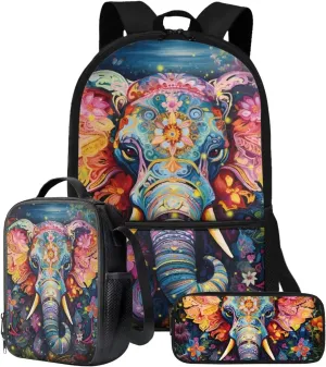 Suobstales Elephant Flower Print 3PCS Backpack Set Kids Schoolbag Sets with Lunch Bag Pencil Bag Cute Students Bookbags Girls Boys Lightweight Knapsack Daypack Satchel