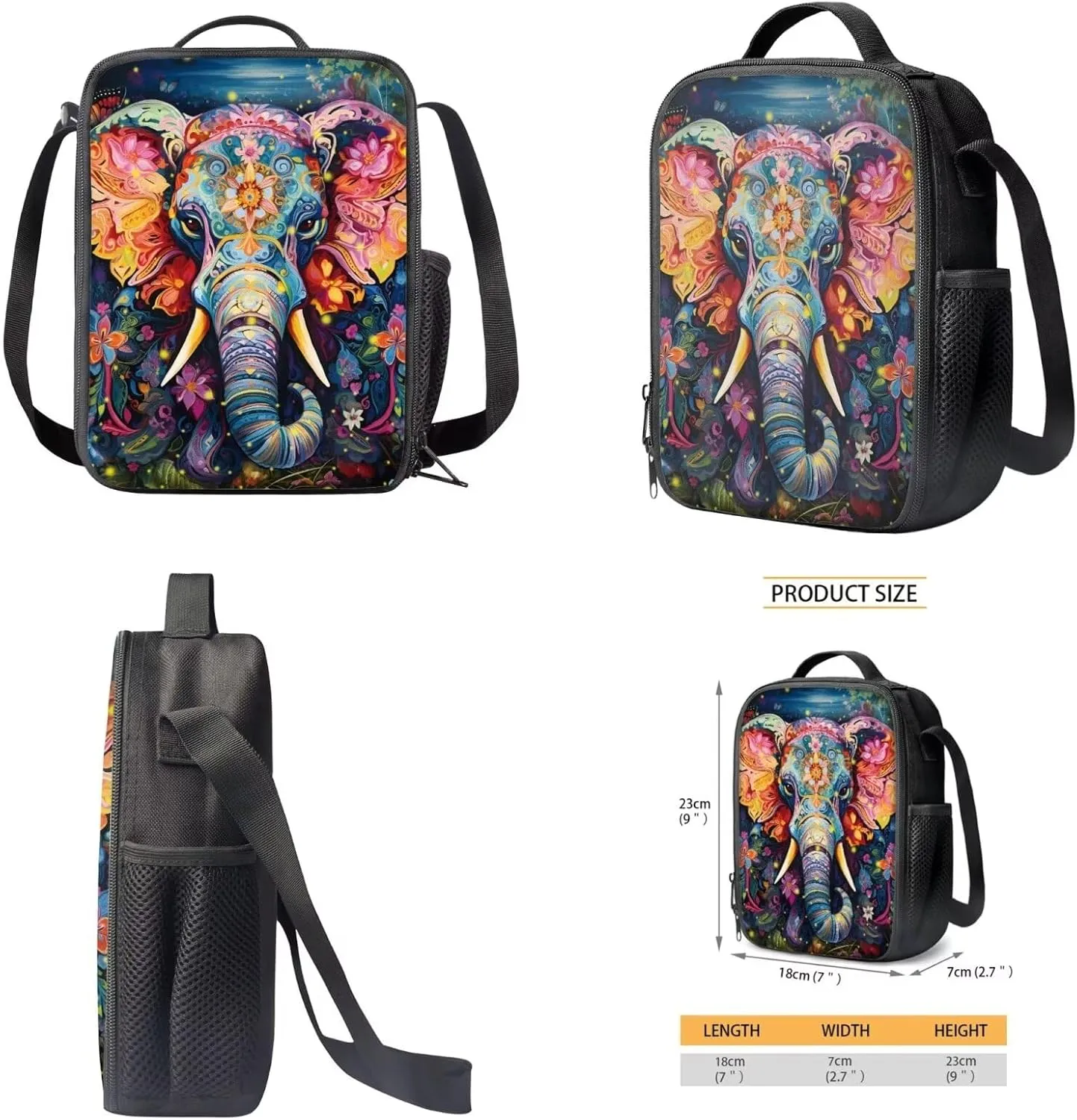 Suobstales Elephant Flower Print 3PCS Backpack Set Kids Schoolbag Sets with Lunch Bag Pencil Bag Cute Students Bookbags Girls Boys Lightweight Knapsack Daypack Satchel