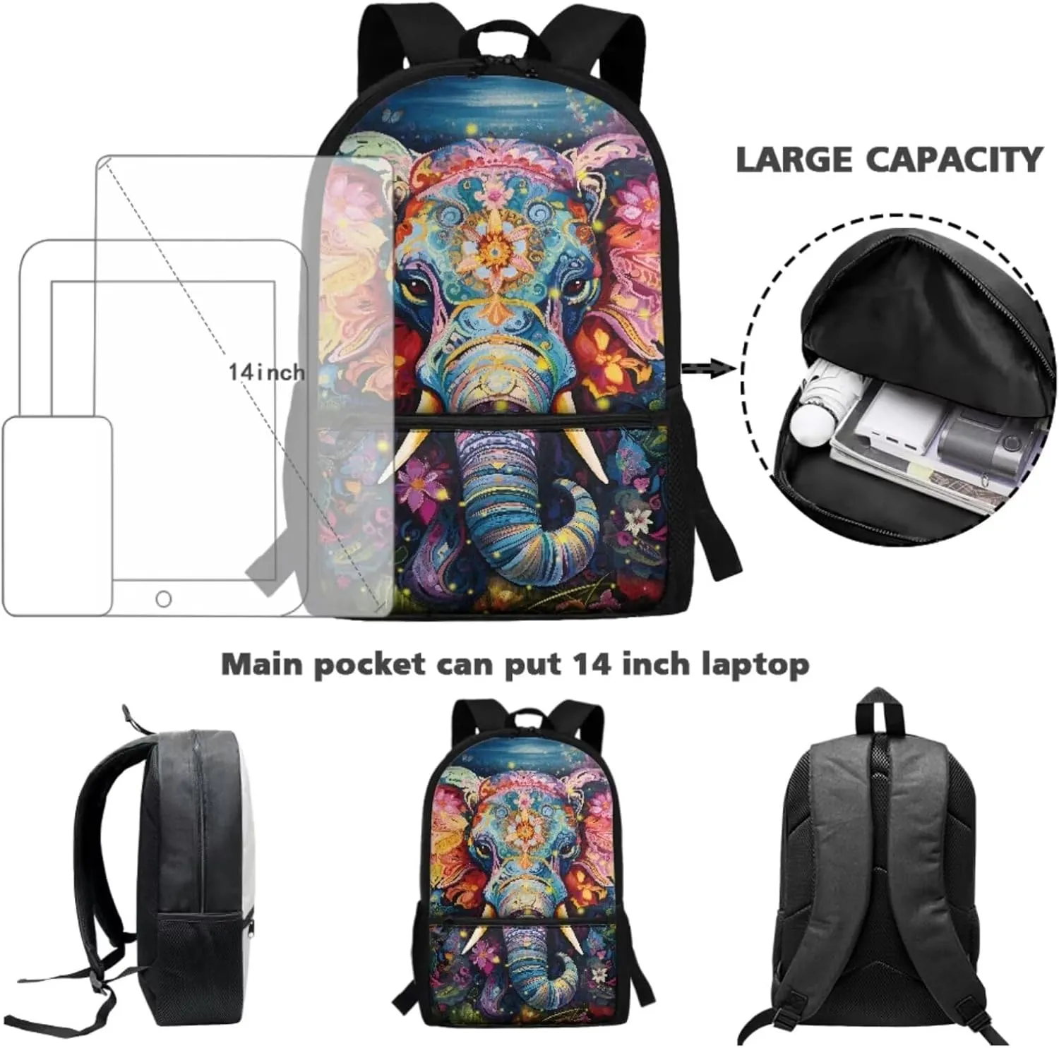 Suobstales Elephant Flower Print 3PCS Backpack Set Kids Schoolbag Sets with Lunch Bag Pencil Bag Cute Students Bookbags Girls Boys Lightweight Knapsack Daypack Satchel