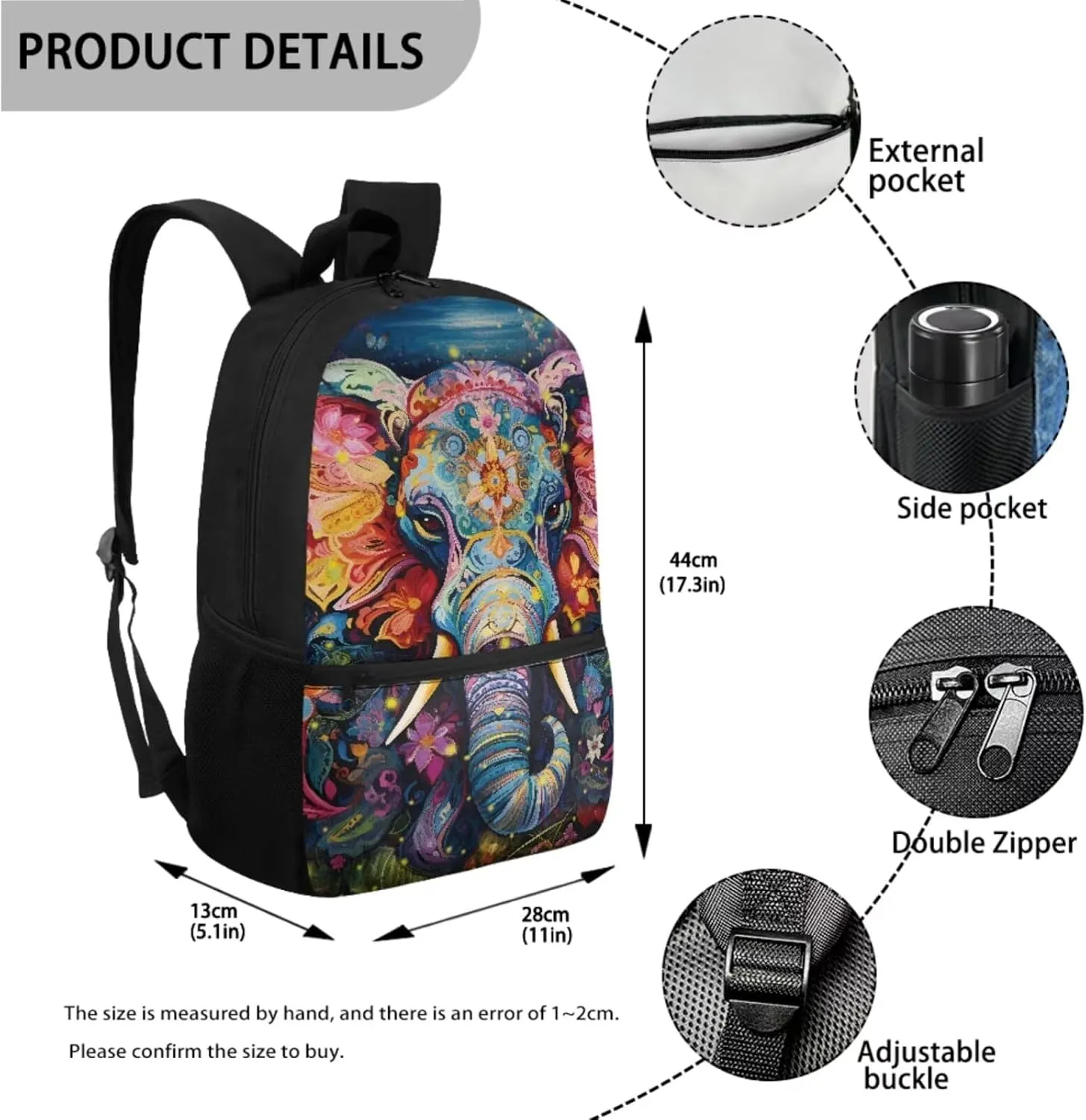 Suobstales Elephant Flower Print 3PCS Backpack Set Kids Schoolbag Sets with Lunch Bag Pencil Bag Cute Students Bookbags Girls Boys Lightweight Knapsack Daypack Satchel