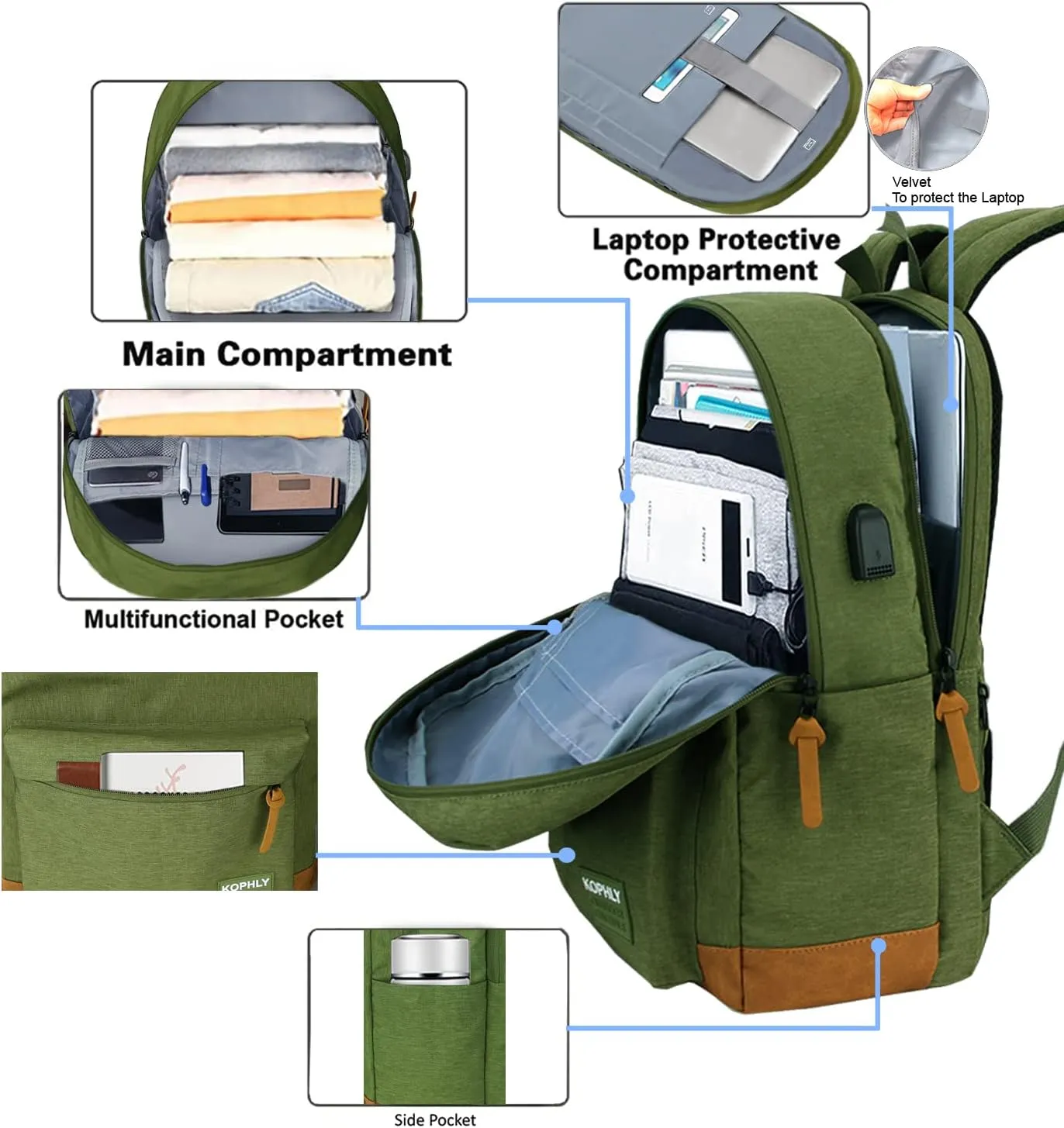 SUPACOOL Lightweight Laptop Backpack with USB Charging Port for Men and Women, Double Layers Backpack for College, Work, Travel, Casual(Olive and Brown)