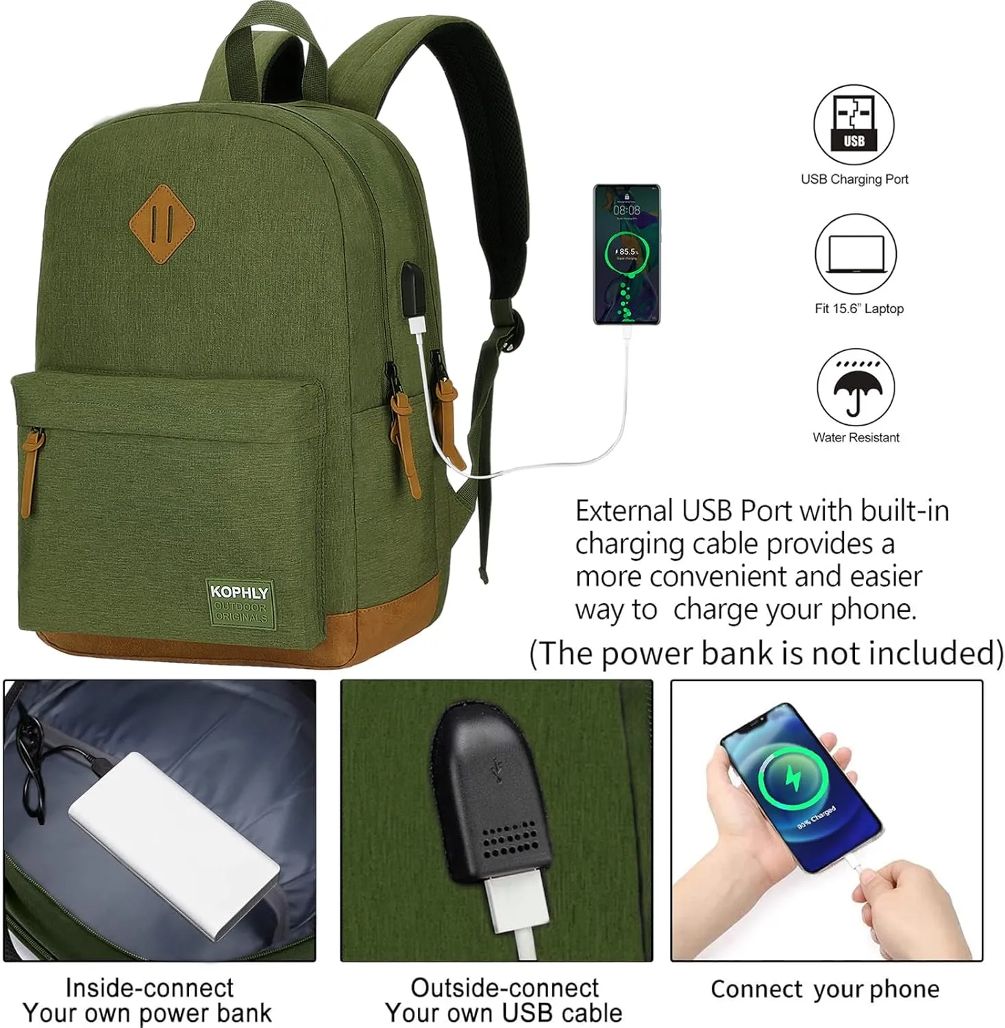 SUPACOOL Lightweight Laptop Backpack with USB Charging Port for Men and Women, Double Layers Backpack for College, Work, Travel, Casual(Olive and Brown)