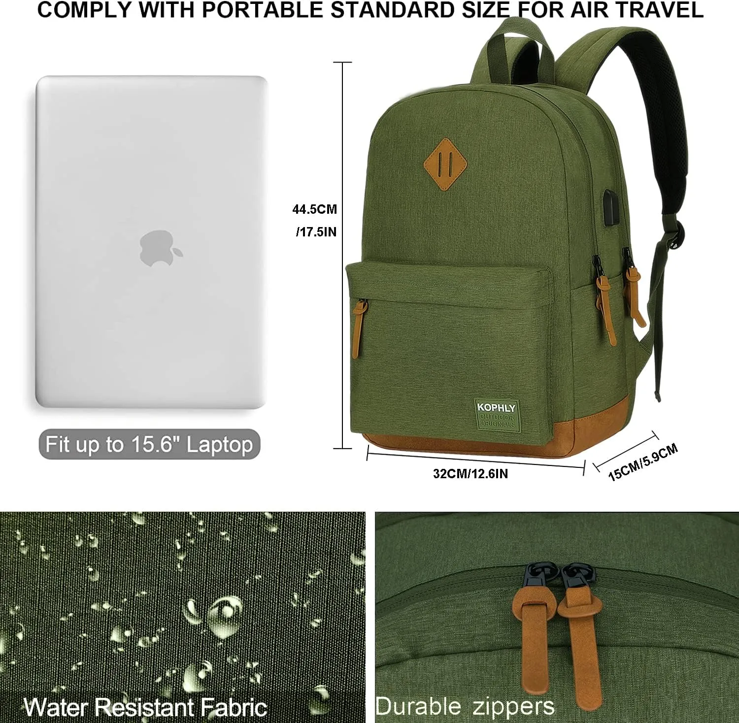 SUPACOOL Lightweight Laptop Backpack with USB Charging Port for Men and Women, Double Layers Backpack for College, Work, Travel, Casual(Olive and Brown)