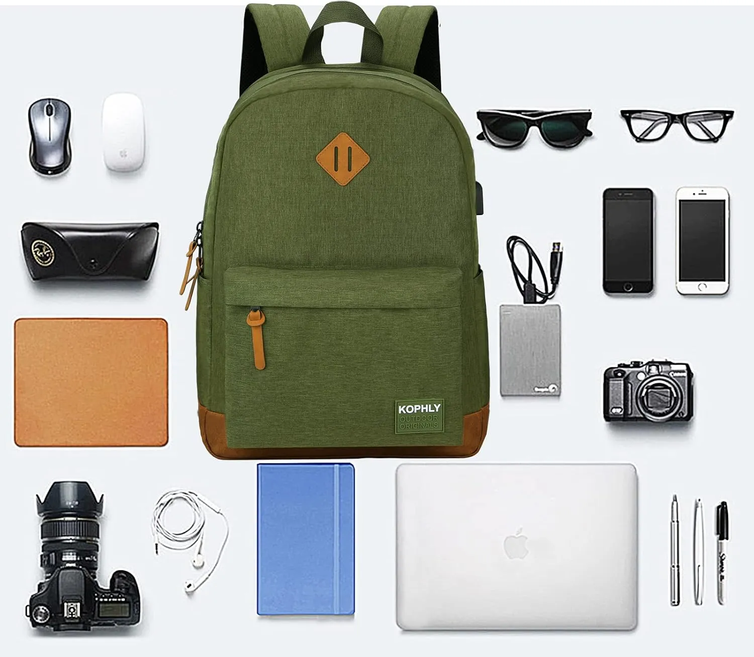 SUPACOOL Lightweight Laptop Backpack with USB Charging Port for Men and Women, Double Layers Backpack for College, Work, Travel, Casual(Olive and Brown)