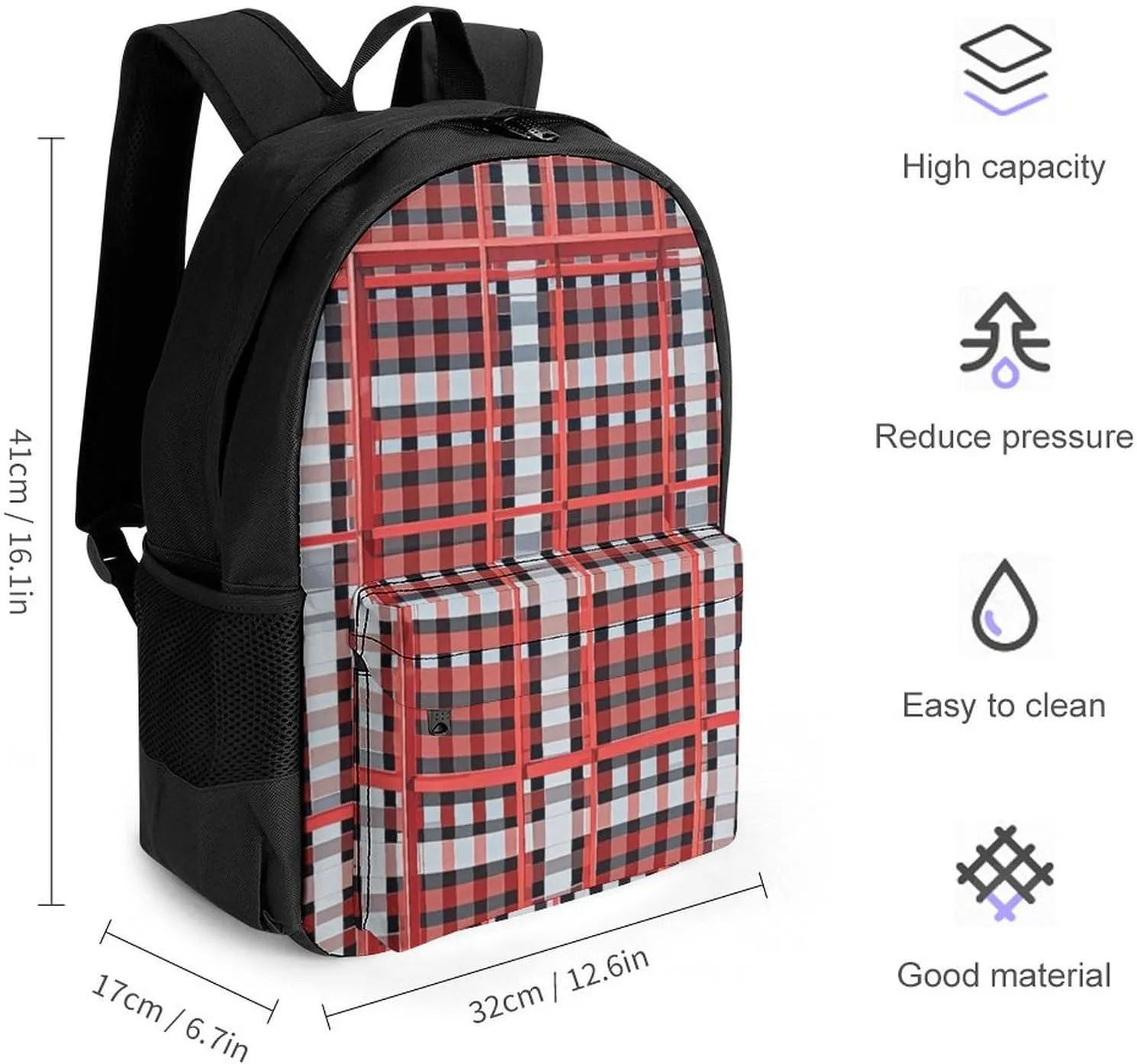Supdreamc Adults Lightweight Red Scottish Tartan Plaid Art Rucksacks Large Capacity Bookbag With Adjustable Shoulder Straps for Trekking Outdoors Bicycle