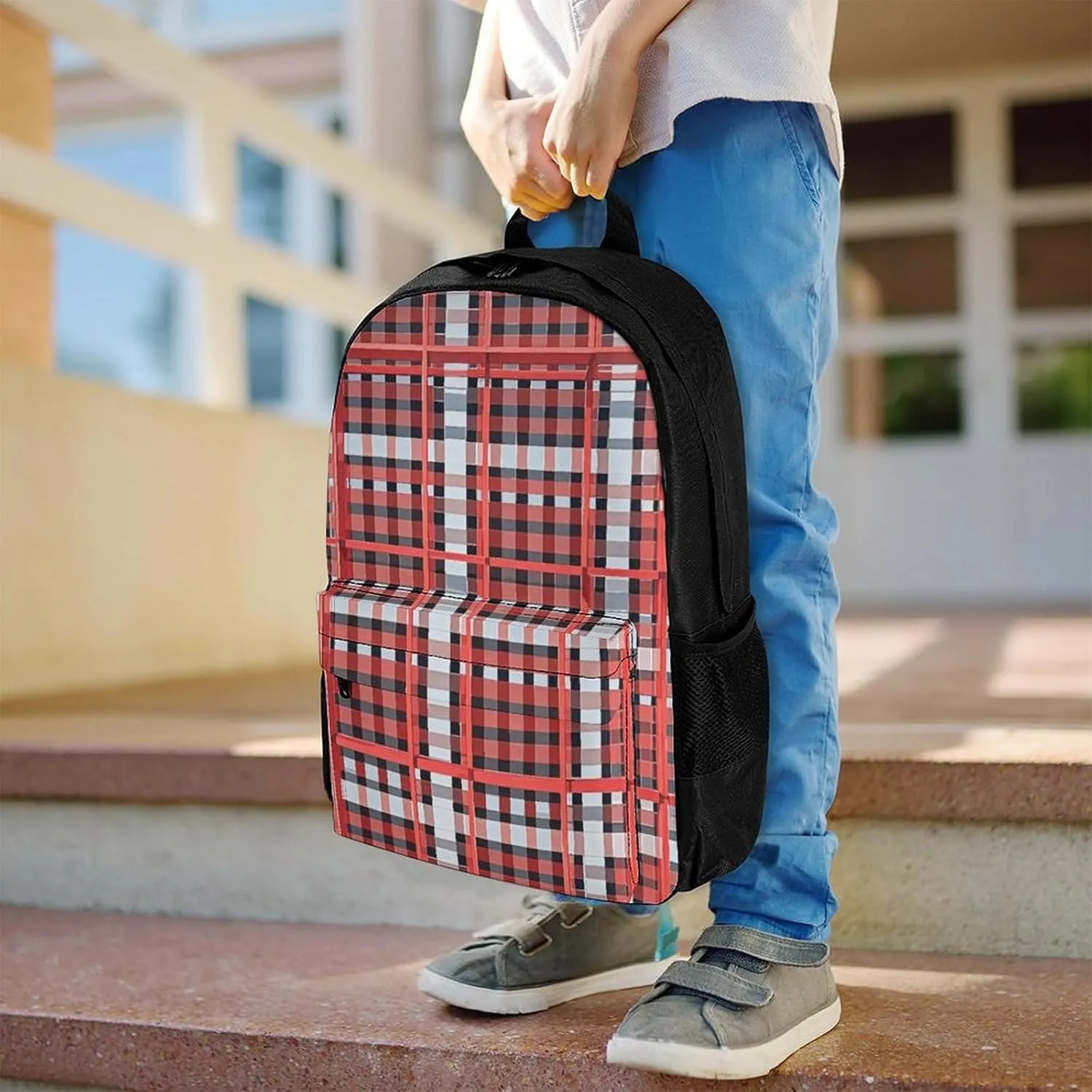 Supdreamc Adults Lightweight Red Scottish Tartan Plaid Art Rucksacks Large Capacity Bookbag With Adjustable Shoulder Straps for Trekking Outdoors Bicycle
