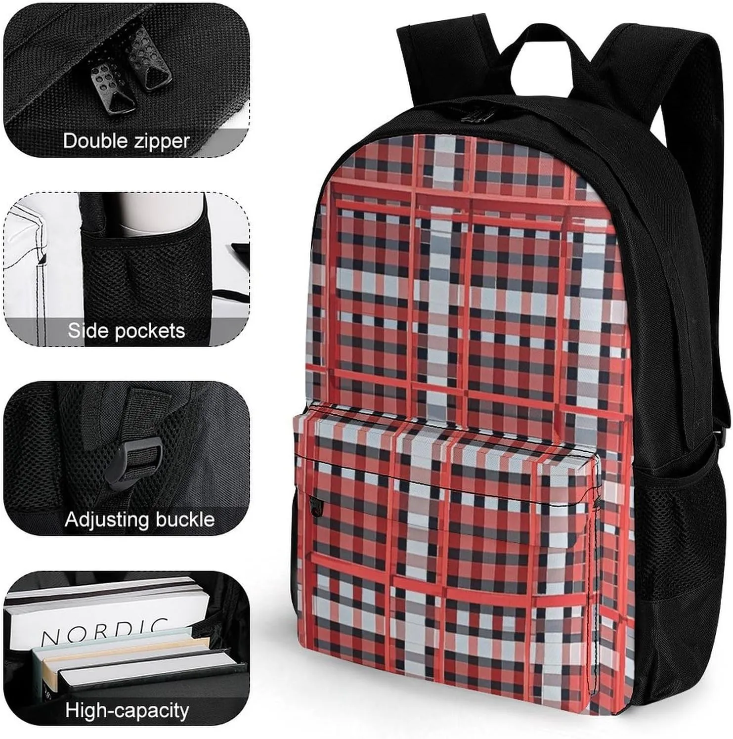 Supdreamc Adults Lightweight Red Scottish Tartan Plaid Art Rucksacks Large Capacity Bookbag With Adjustable Shoulder Straps for Trekking Outdoors Bicycle