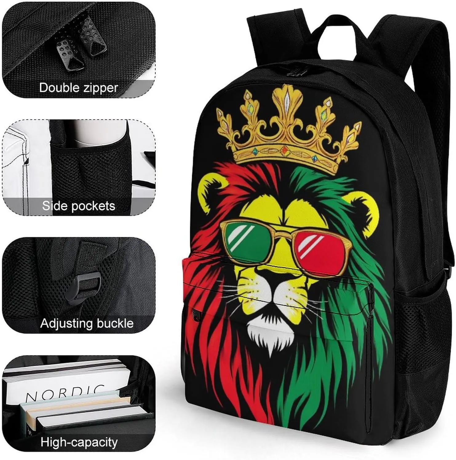 Supdreamc Adults Lightweight Reggae King Rasta Flag Lion Black Rucksacks Large Capacity Bookbag With Adjustable Shoulder Straps for Trekking Outdoors Bicycle