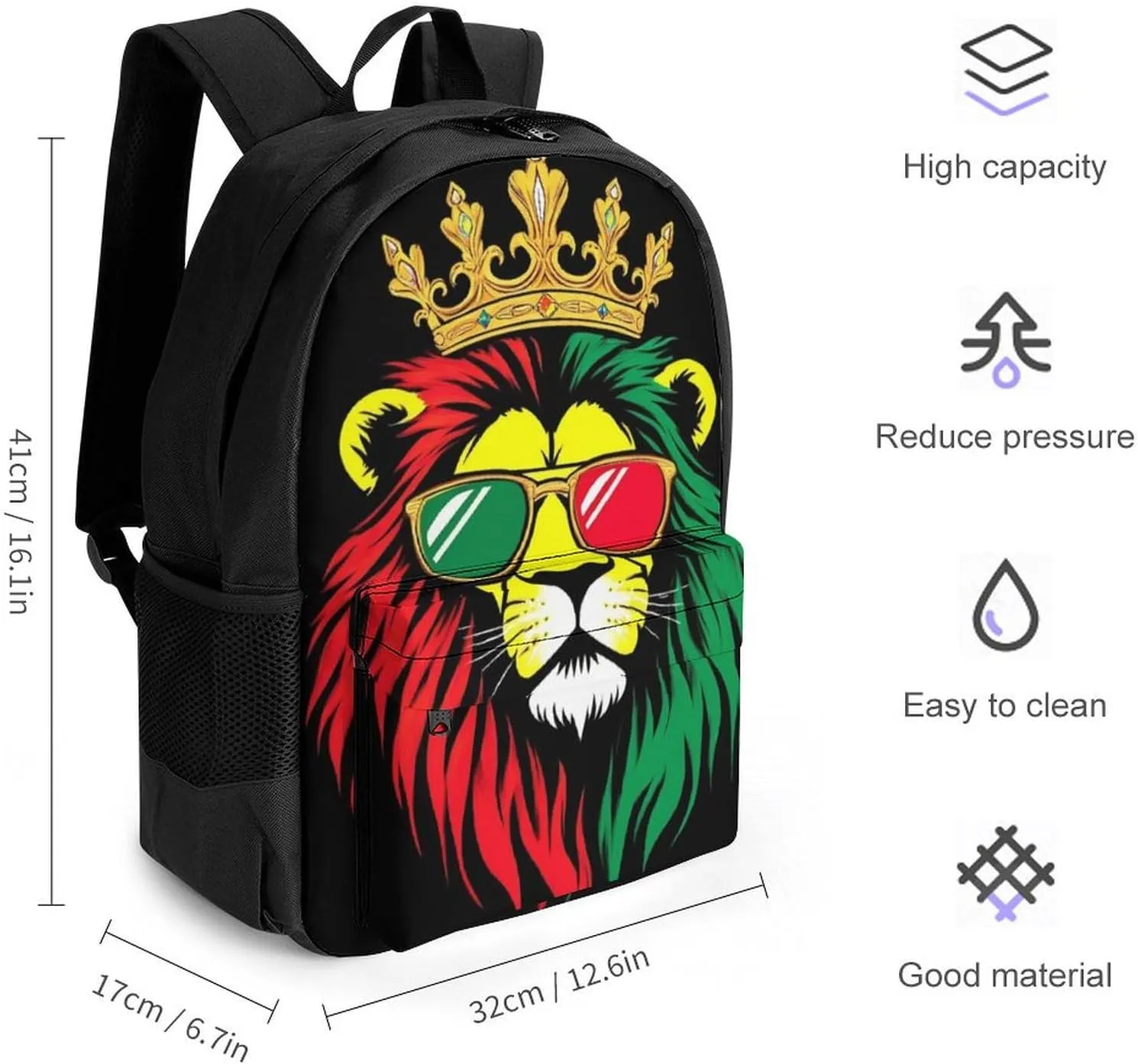 Supdreamc Adults Lightweight Reggae King Rasta Flag Lion Black Rucksacks Large Capacity Bookbag With Adjustable Shoulder Straps for Trekking Outdoors Bicycle