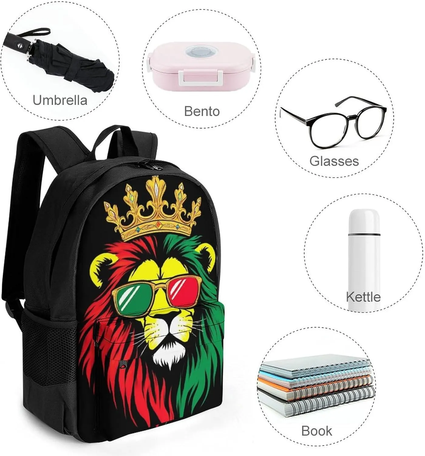 Supdreamc Adults Lightweight Reggae King Rasta Flag Lion Black Rucksacks Large Capacity Bookbag With Adjustable Shoulder Straps for Trekking Outdoors Bicycle
