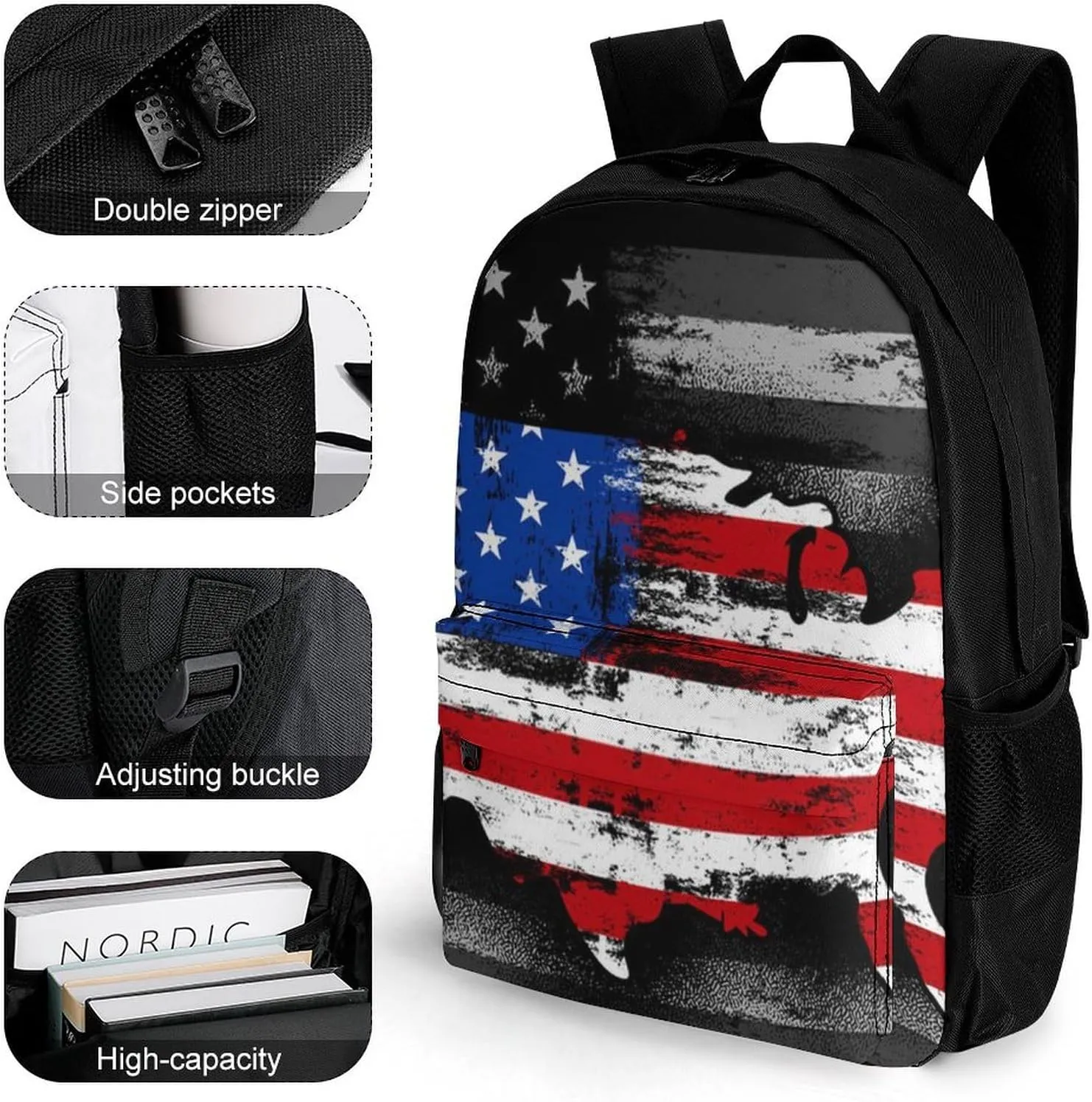 Supdreamc American Flag Patriotic Usa Map Pattern Rucksack Polyester Anti-Theft Multipurpose Carry On Bag Large Capacity Travel and Sport Backpack Rucksack With Smooth Zippers
