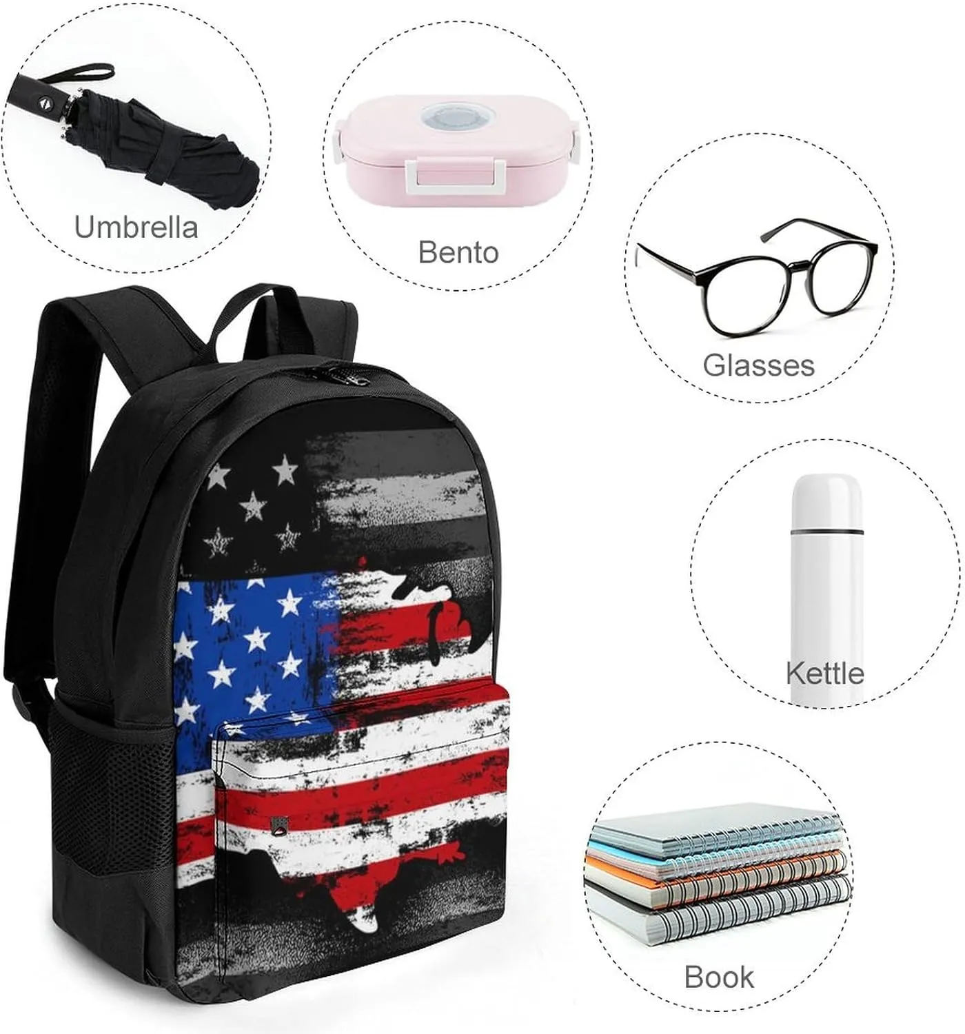 Supdreamc American Flag Patriotic Usa Map Pattern Rucksack Polyester Anti-Theft Multipurpose Carry On Bag Large Capacity Travel and Sport Backpack Rucksack With Smooth Zippers