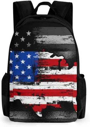 Supdreamc American Flag Patriotic Usa Map Pattern Rucksack Polyester Anti-Theft Multipurpose Carry On Bag Large Capacity Travel and Sport Backpack Rucksack With Smooth Zippers