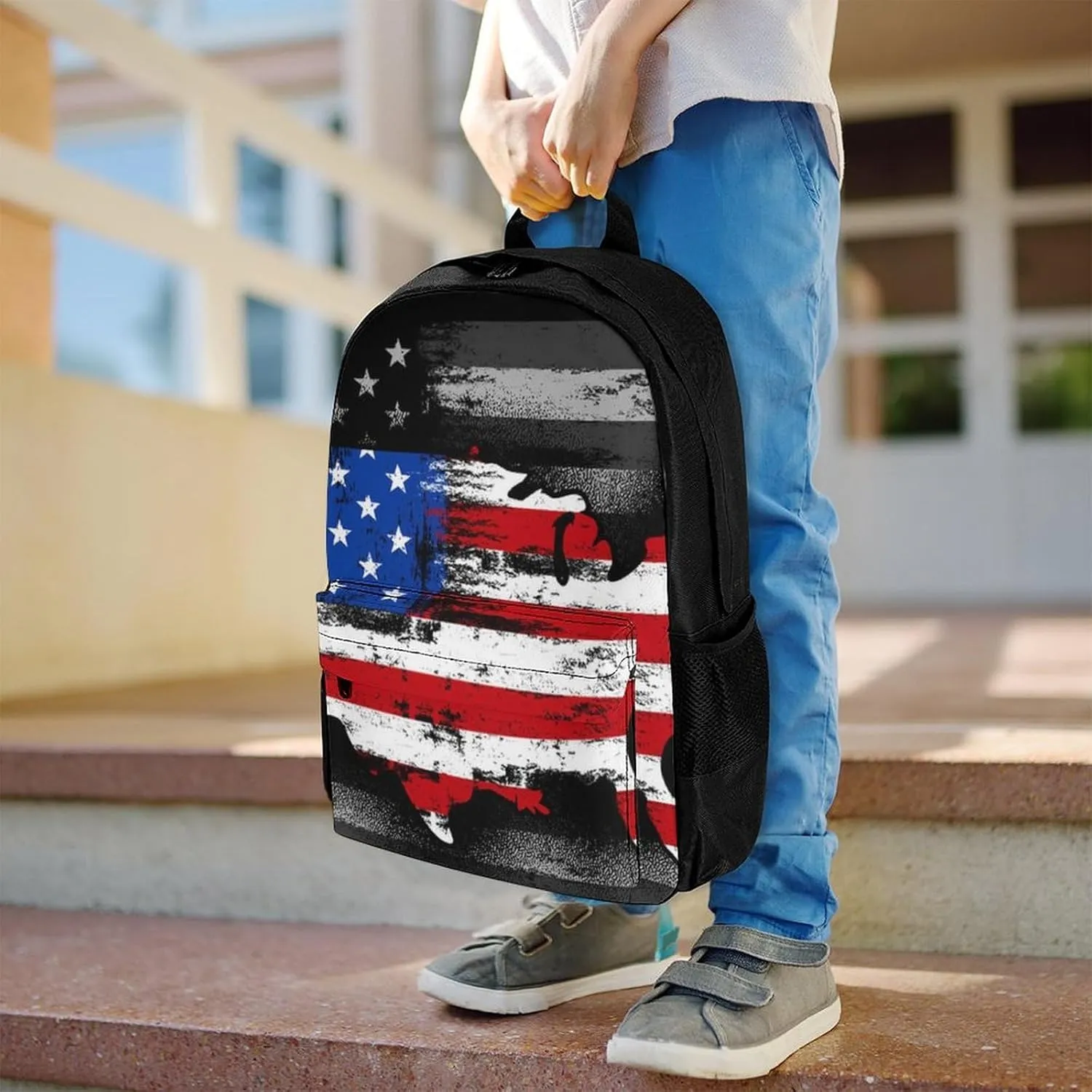 Supdreamc American Flag Patriotic Usa Map Pattern Rucksack Polyester Anti-Theft Multipurpose Carry On Bag Large Capacity Travel and Sport Backpack Rucksack With Smooth Zippers
