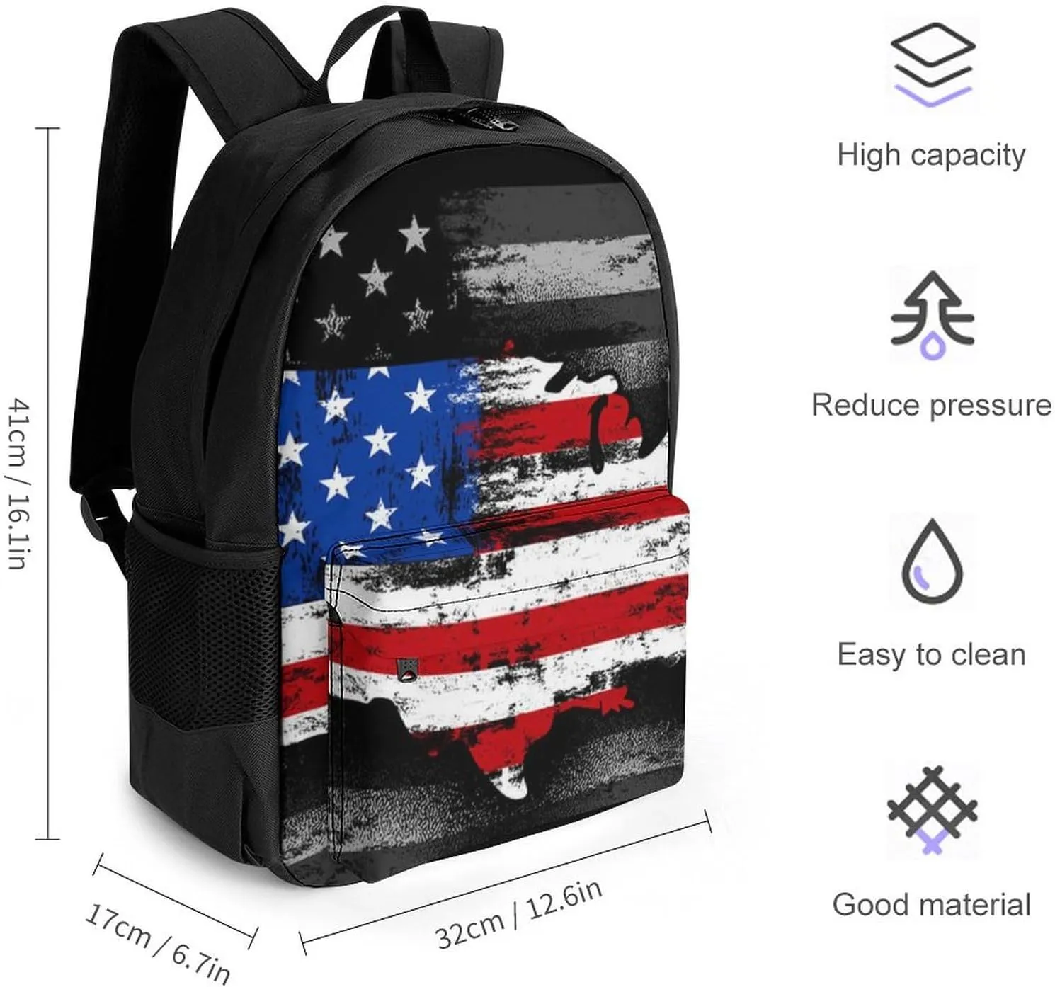 Supdreamc American Flag Patriotic Usa Map Pattern Rucksack Polyester Anti-Theft Multipurpose Carry On Bag Large Capacity Travel and Sport Backpack Rucksack With Smooth Zippers