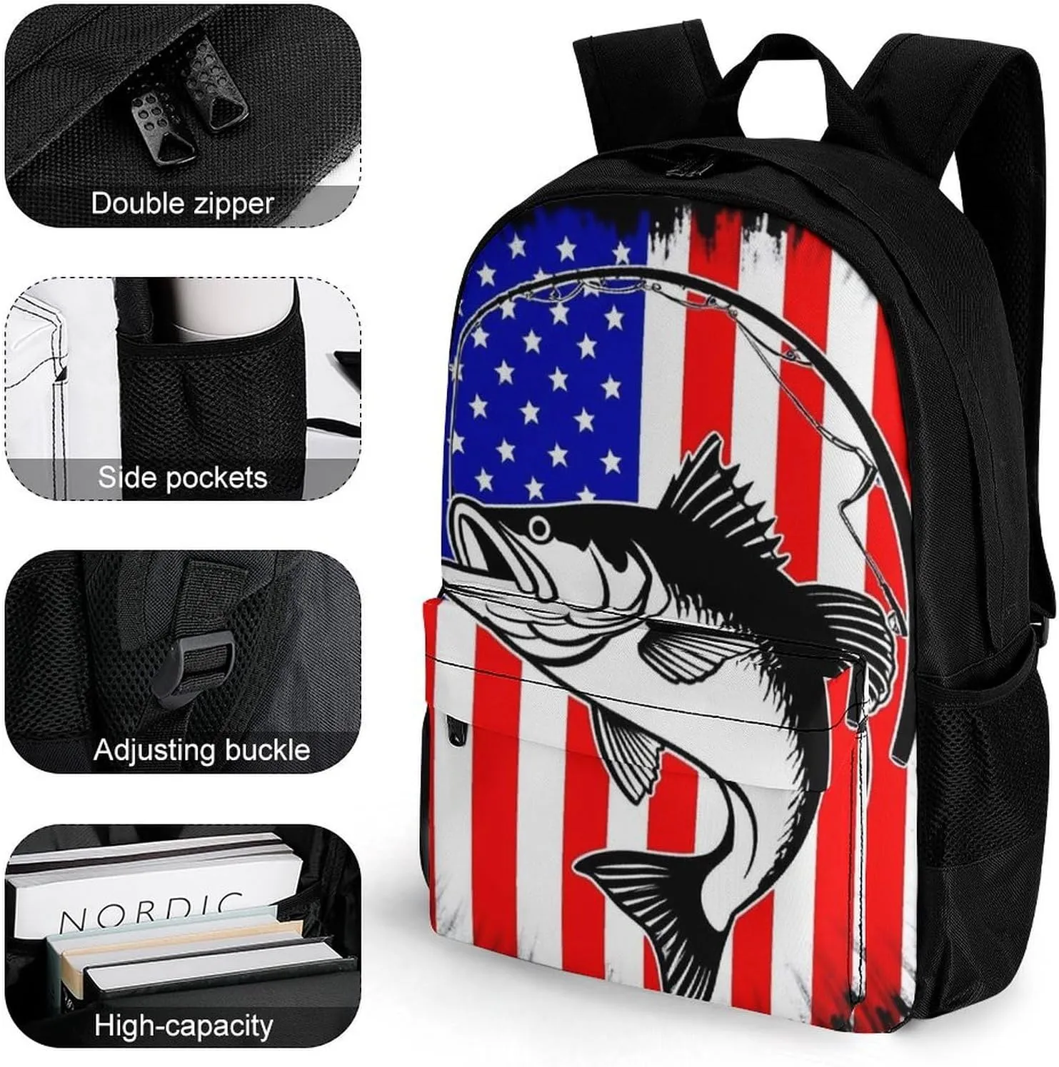 Supdreamc Bass Fish Fishing Lure American Flag Rucksack Polyester Anti-Theft Multipurpose Bookbag Big Capacity Travel and Sport Backpack Rucksack With Side Pockets
