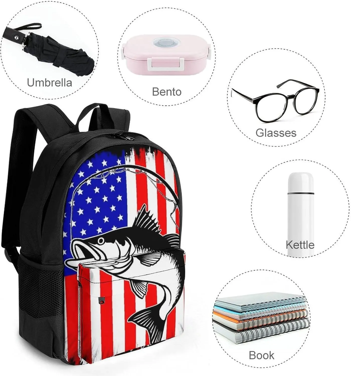 Supdreamc Bass Fish Fishing Lure American Flag Rucksack Polyester Anti-Theft Multipurpose Bookbag Big Capacity Travel and Sport Backpack Rucksack With Side Pockets