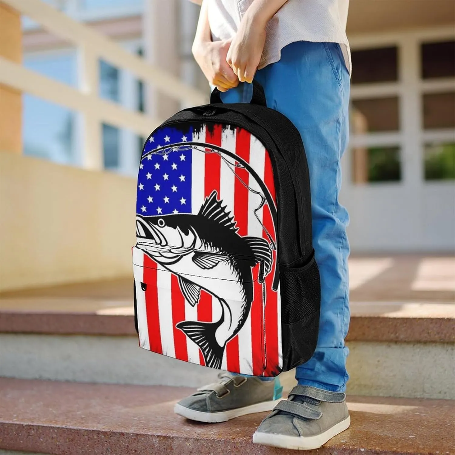 Supdreamc Bass Fish Fishing Lure American Flag Rucksack Polyester Anti-Theft Multipurpose Bookbag Big Capacity Travel and Sport Backpack Rucksack With Side Pockets