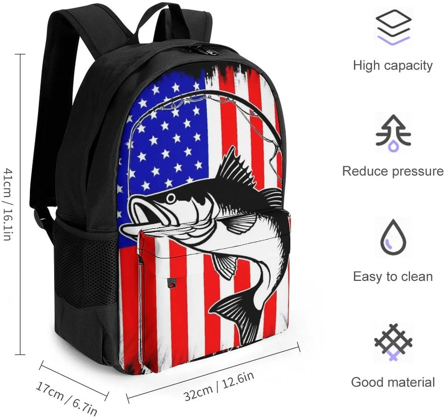 Supdreamc Bass Fish Fishing Lure American Flag Rucksack Polyester Anti-Theft Multipurpose Bookbag Big Capacity Travel and Sport Backpack Rucksack With Side Pockets