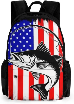 Supdreamc Bass Fish Fishing Lure American Flag Rucksack Polyester Anti-Theft Multipurpose Bookbag Big Capacity Travel and Sport Backpack Rucksack With Side Pockets