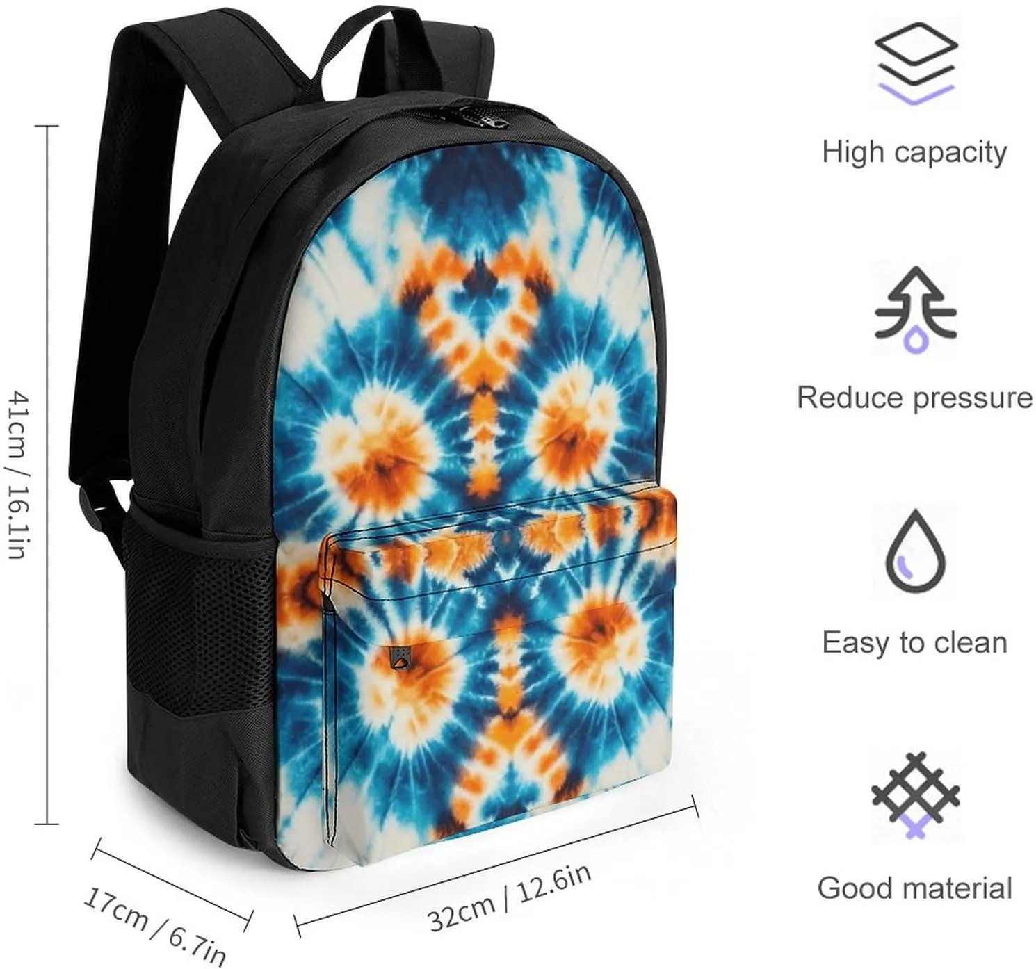 Supdreamc Colorful Tie Dye Art Rucksack Polyester Anti-Theft Multipurpose Bookbag Big Capacity Travel and Sport Backpack Rucksack With Side Pockets