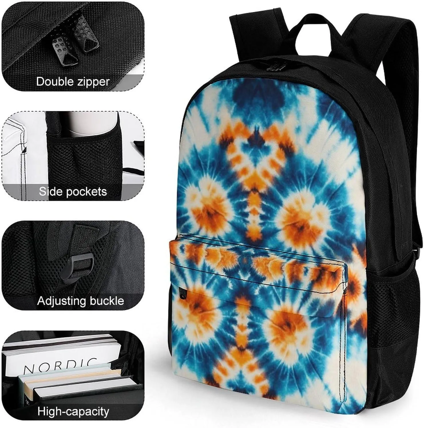 Supdreamc Colorful Tie Dye Art Rucksack Polyester Anti-Theft Multipurpose Bookbag Big Capacity Travel and Sport Backpack Rucksack With Side Pockets