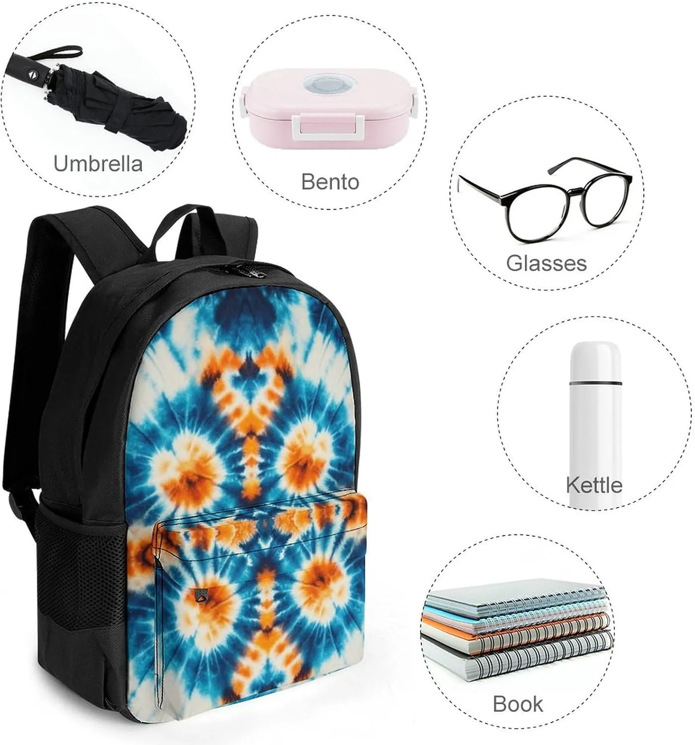 Supdreamc Colorful Tie Dye Art Rucksack Polyester Anti-Theft Multipurpose Bookbag Big Capacity Travel and Sport Backpack Rucksack With Side Pockets