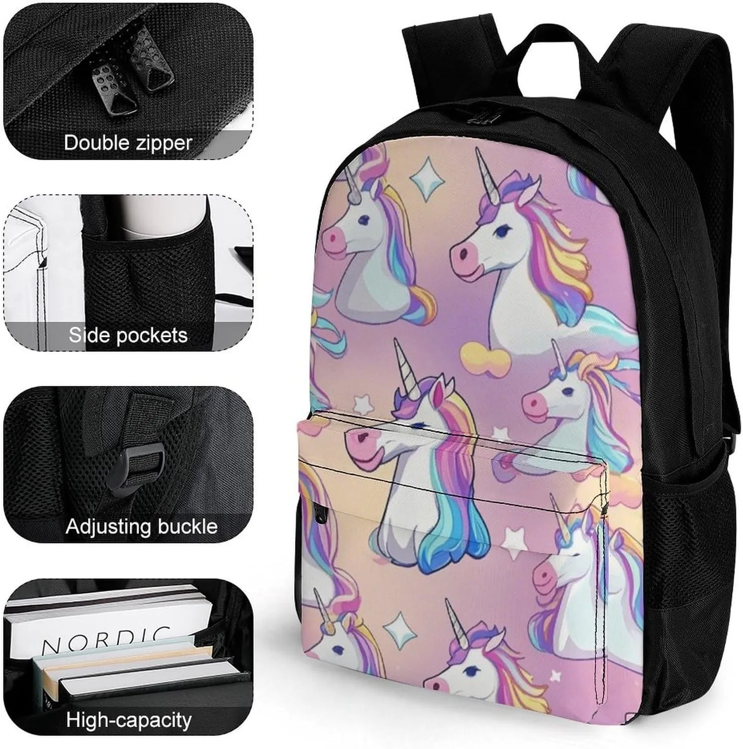 Supdreamc Fantasy Unicorn Art Rucksacks Lightweight Multipurpose Anti-Theft Shoulder Bag Big Capacity Traveling & Camping Backpack With Side Pockets