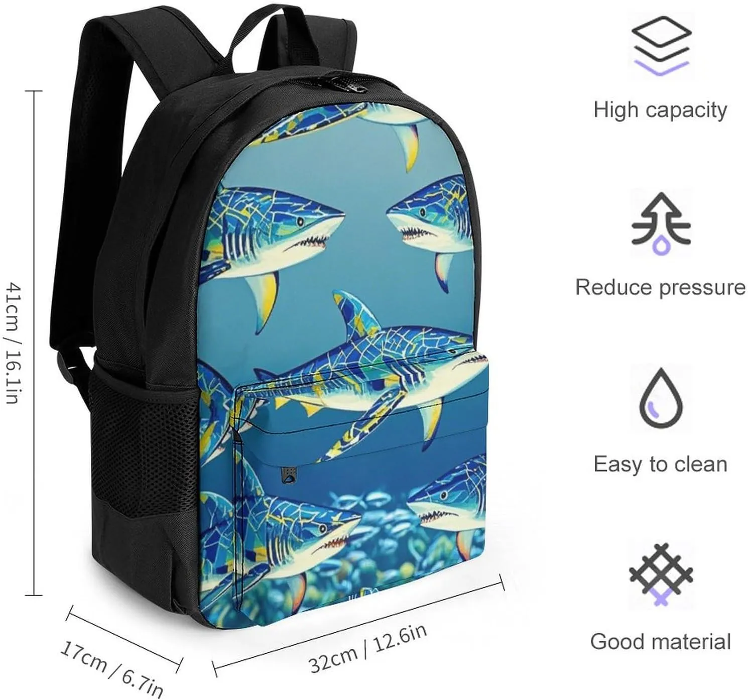 Supdreamc Lightweight Rucksacks for Climbing Outdoors Walking Cycling - Large Capacity Anti-Theft Multipurpose Carry On Bag, Blue Ocean Sea Shark Art Camping Outdoor Backpack