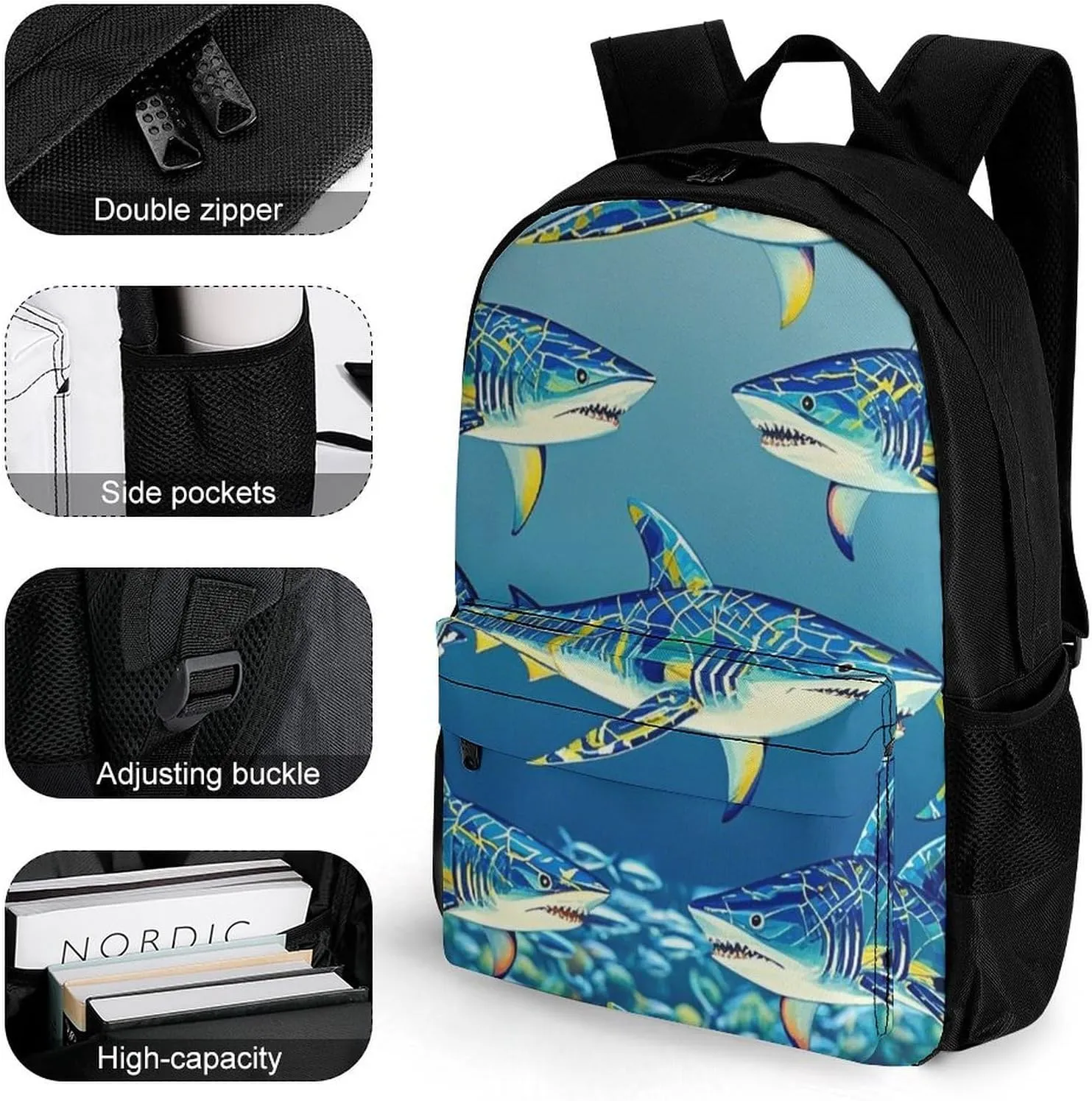 Supdreamc Lightweight Rucksacks for Climbing Outdoors Walking Cycling - Large Capacity Anti-Theft Multipurpose Carry On Bag, Blue Ocean Sea Shark Art Camping Outdoor Backpack