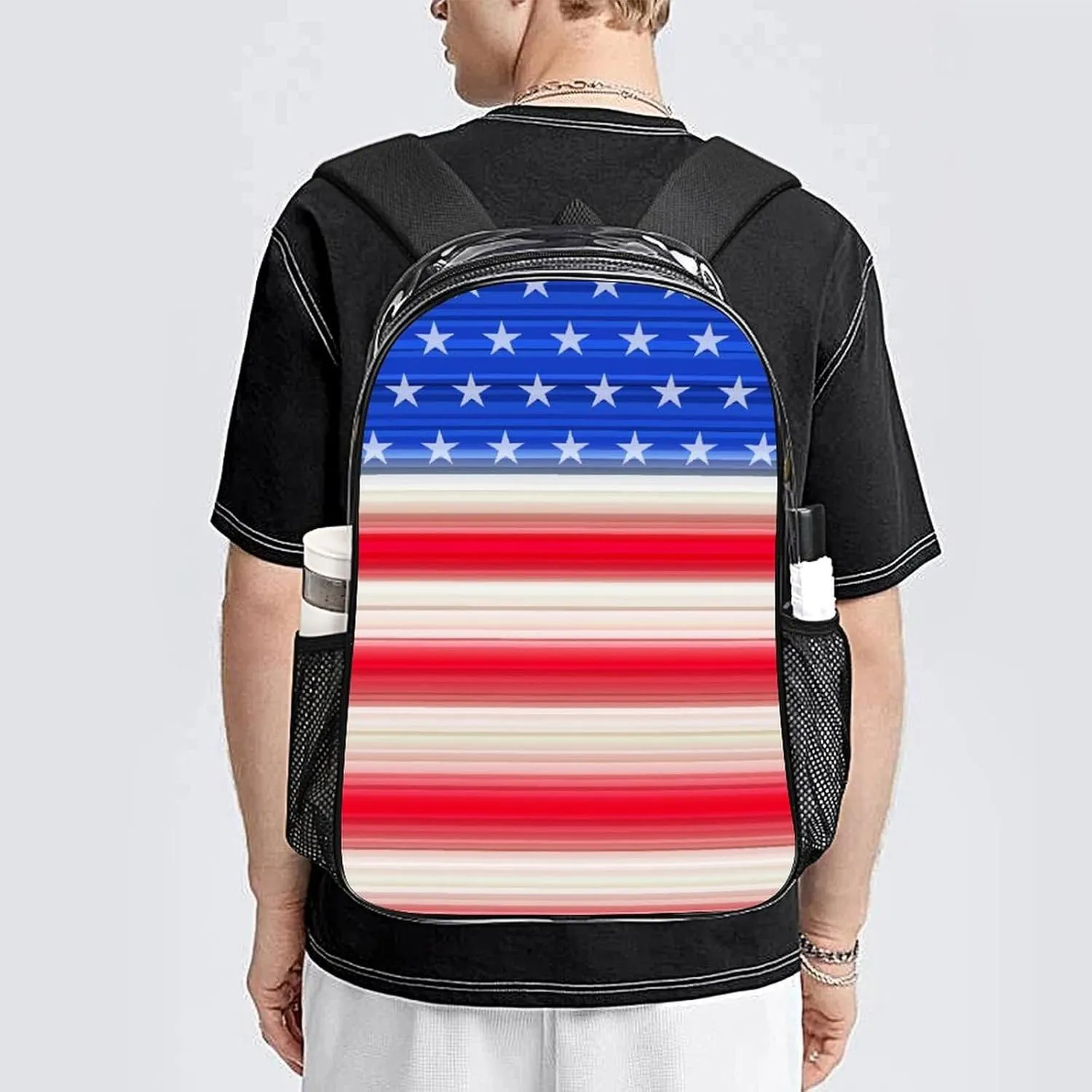 Supdreamc Men & Women Lightweight Red Blue White American Flag Casual Daypack Large Capacity Bookbag Transparent Bag for Gym Business Bicycle