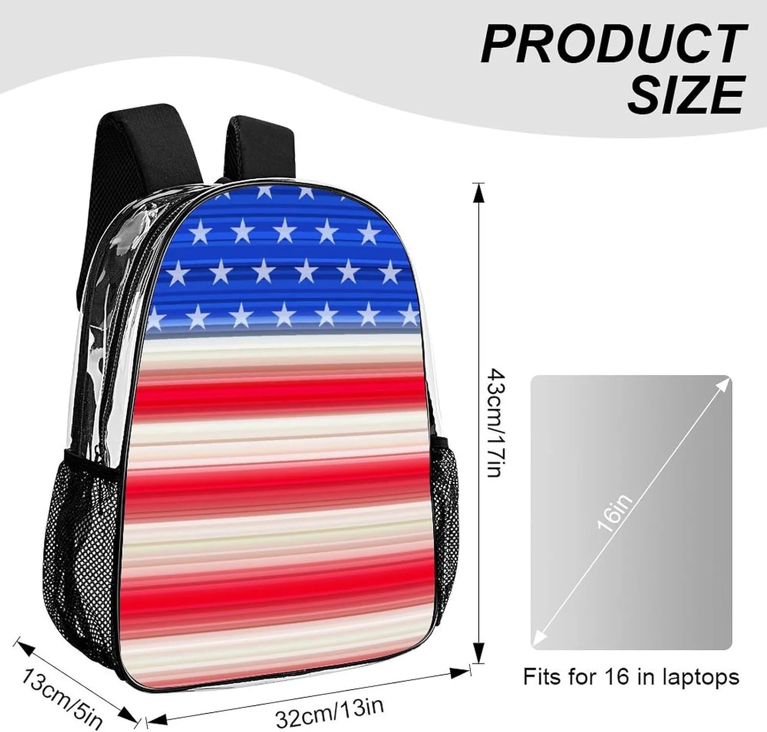 Supdreamc Men & Women Lightweight Red Blue White American Flag Casual Daypack Large Capacity Bookbag Transparent Bag for Gym Business Bicycle