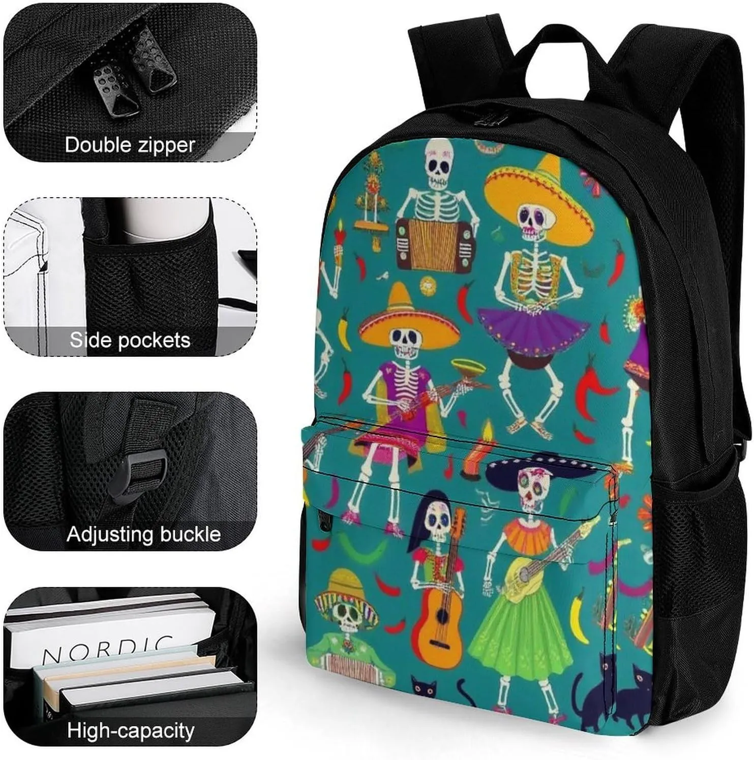 Supdreamc Men & Women Polyester Day Of The Dead Skeleton Dance Backpack Large Capacity Bookbag With Smooth Zippers for Climbing Picnic Bicycle