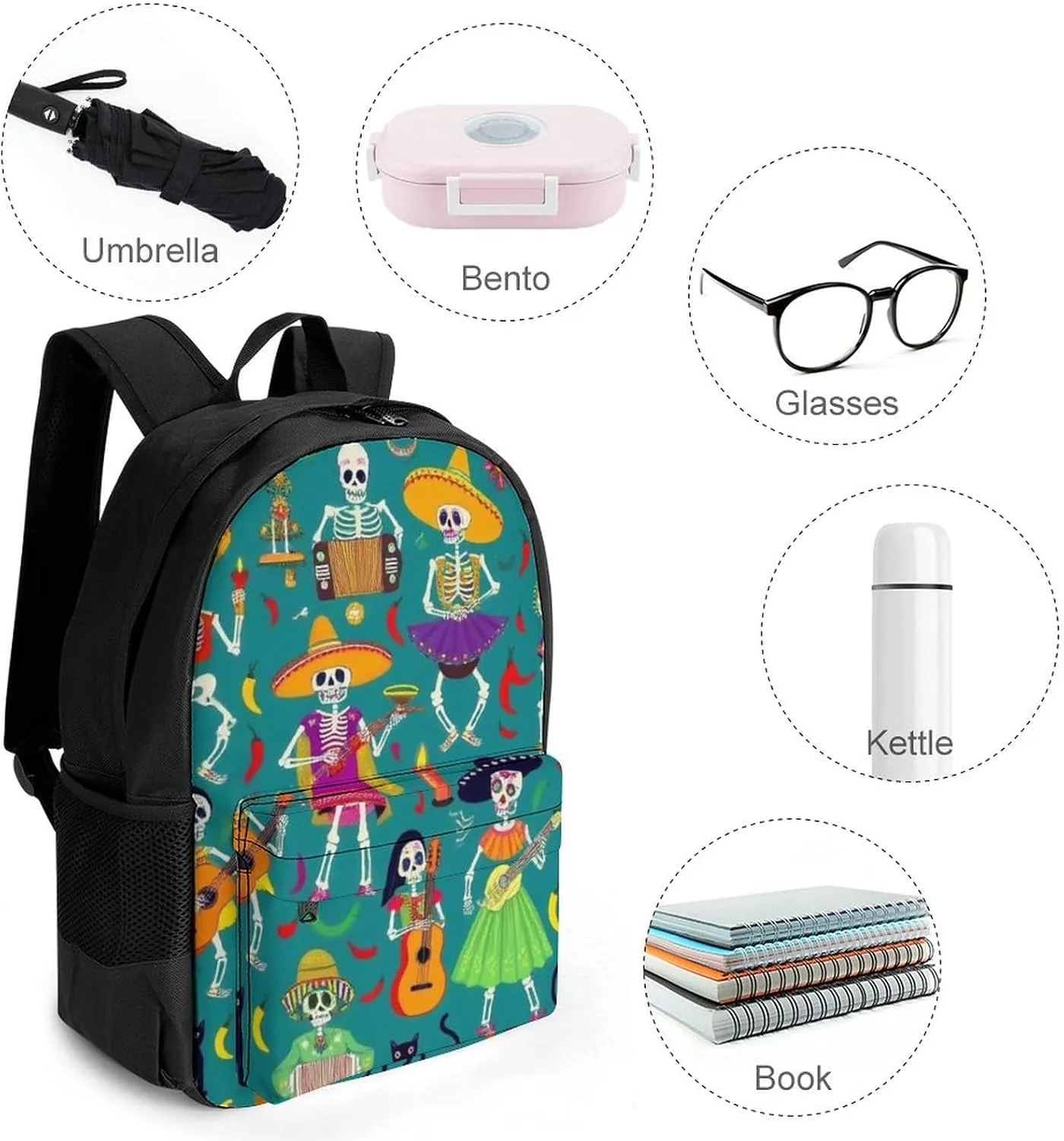 Supdreamc Men & Women Polyester Day Of The Dead Skeleton Dance Backpack Large Capacity Bookbag With Smooth Zippers for Climbing Picnic Bicycle