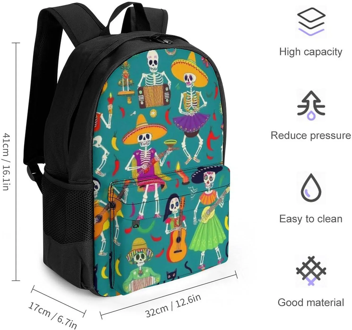 Supdreamc Men & Women Polyester Day Of The Dead Skeleton Dance Backpack Large Capacity Bookbag With Smooth Zippers for Climbing Picnic Bicycle