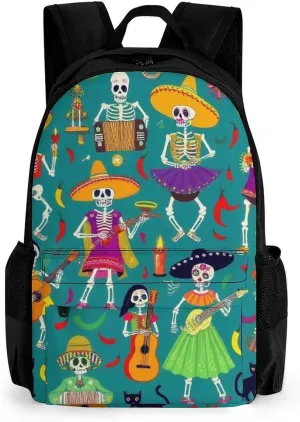 Supdreamc Men & Women Polyester Day Of The Dead Skeleton Dance Backpack Large Capacity Bookbag With Smooth Zippers for Climbing Picnic Bicycle