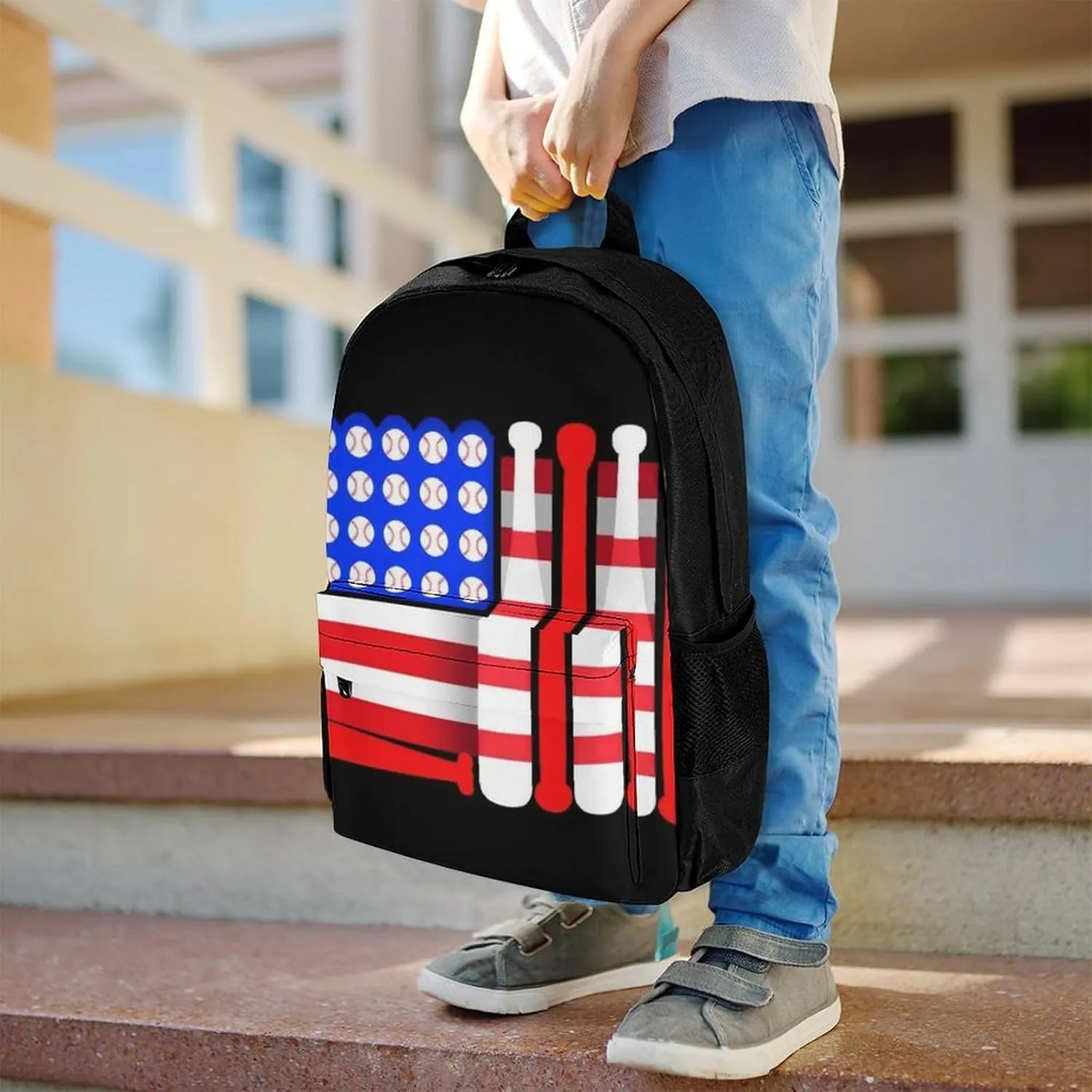 Supdreamc Men Women Lightweight Baseball Bats Balls Black American Flag Daypack Bookbag Big Capacity Carry On Bag With Side Pockets for Camping Travel Bicycle