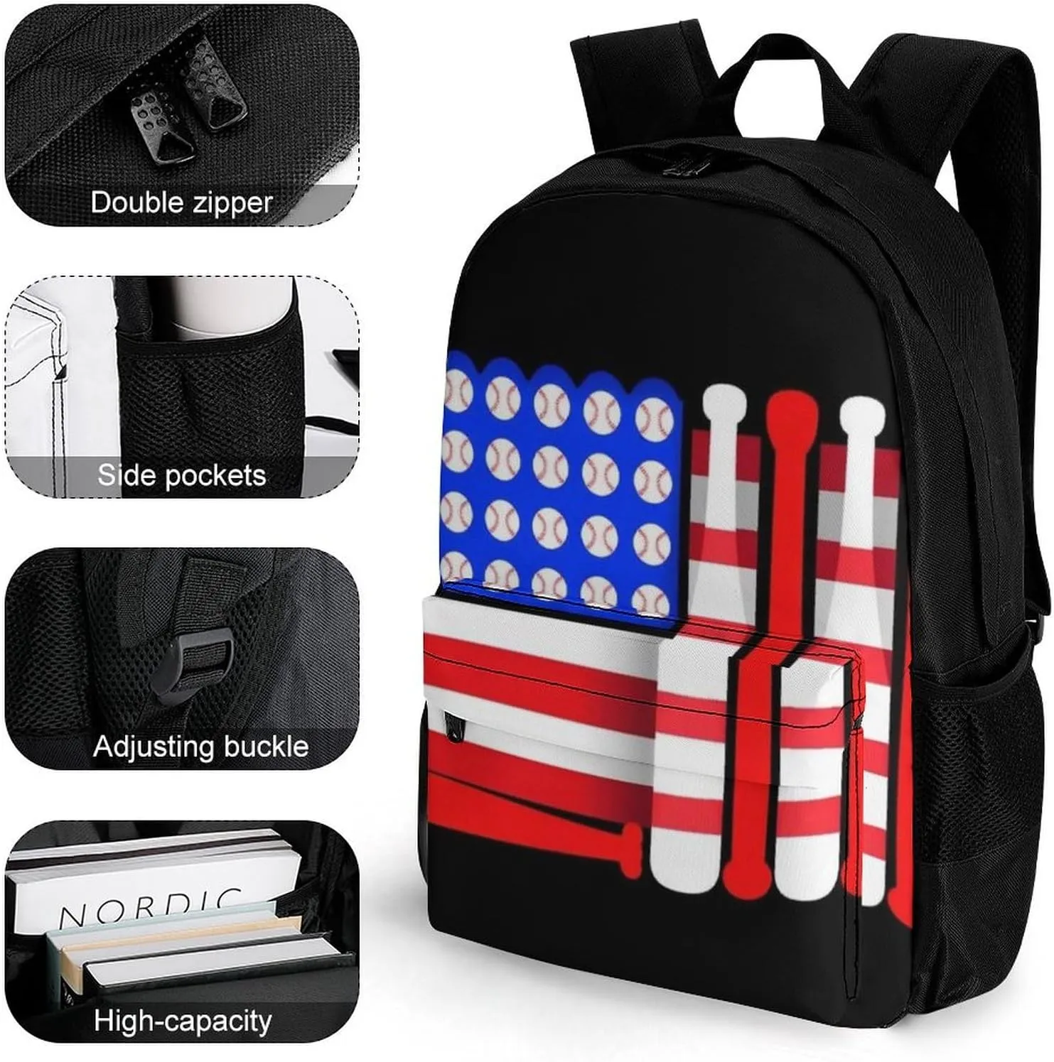 Supdreamc Men Women Lightweight Baseball Bats Balls Black American Flag Daypack Bookbag Big Capacity Carry On Bag With Side Pockets for Camping Travel Bicycle