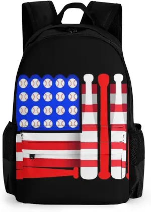 Supdreamc Men Women Lightweight Baseball Bats Balls Black American Flag Daypack Bookbag Big Capacity Carry On Bag With Side Pockets for Camping Travel Bicycle
