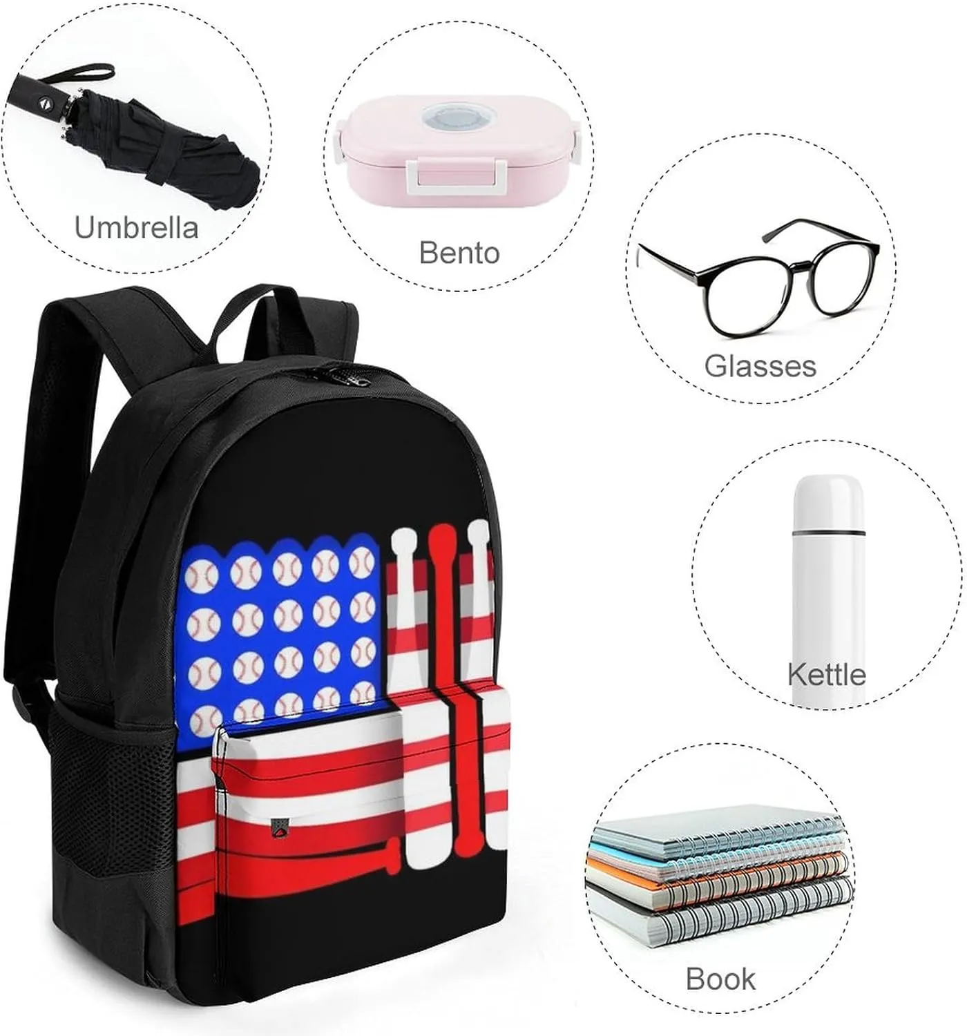 Supdreamc Men Women Lightweight Baseball Bats Balls Black American Flag Daypack Bookbag Big Capacity Carry On Bag With Side Pockets for Camping Travel Bicycle