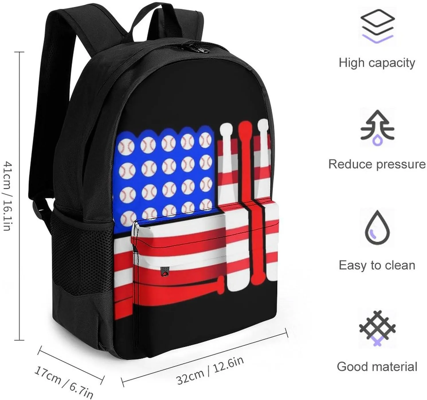 Supdreamc Men Women Lightweight Baseball Bats Balls Black American Flag Daypack Bookbag Big Capacity Carry On Bag With Side Pockets for Camping Travel Bicycle