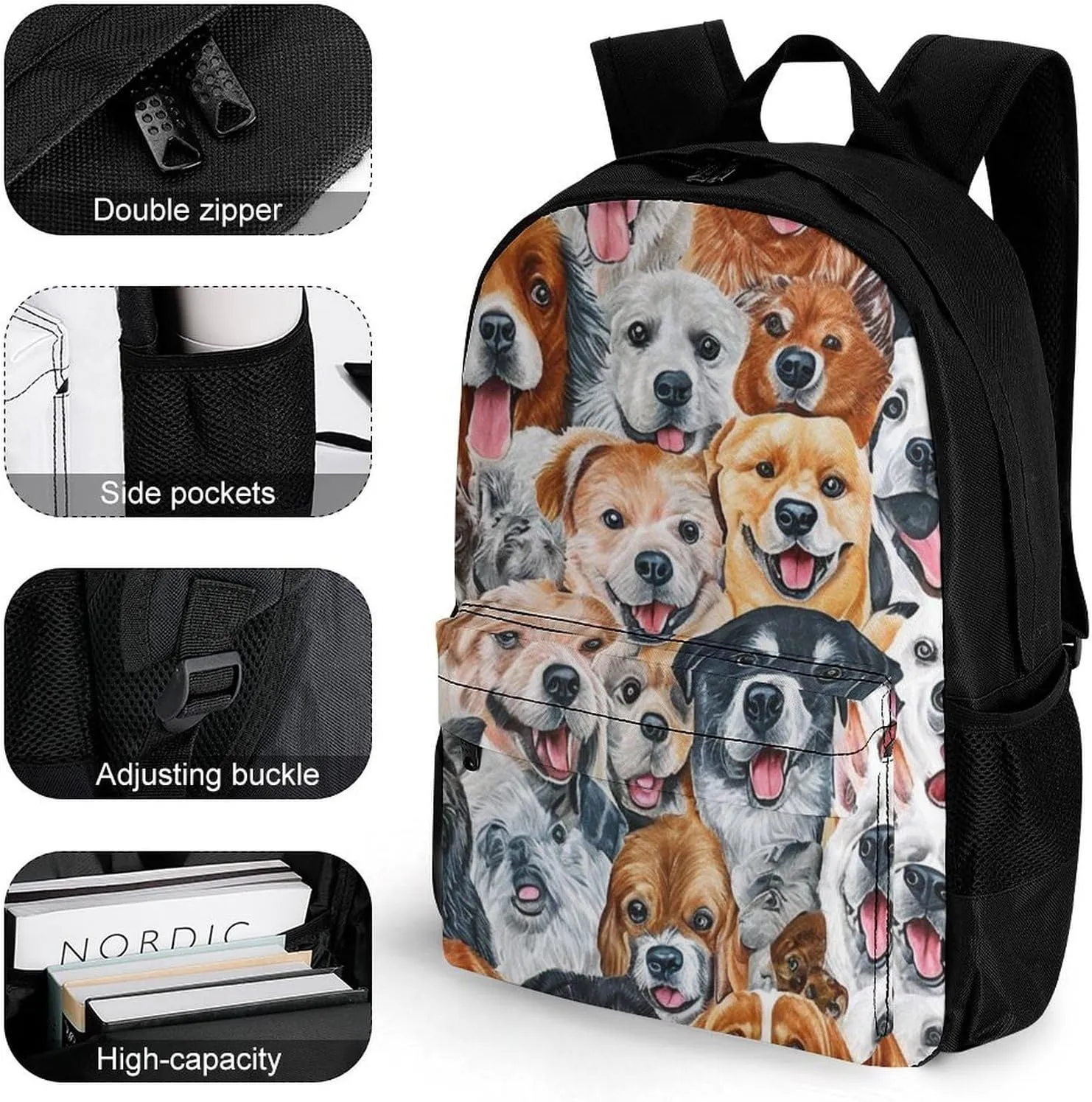Supdreamc Men Women Lightweight Beautiful Dogs Faces Art Backpack Large Capacity Bookbag With Smooth Zippers for Gym Business Running