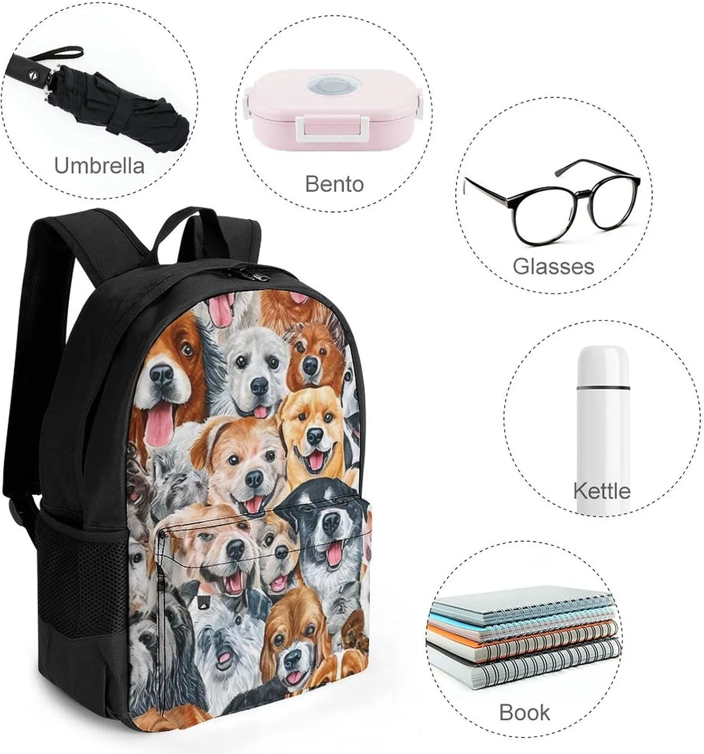 Supdreamc Men Women Lightweight Beautiful Dogs Faces Art Backpack Large Capacity Bookbag With Smooth Zippers for Gym Business Running