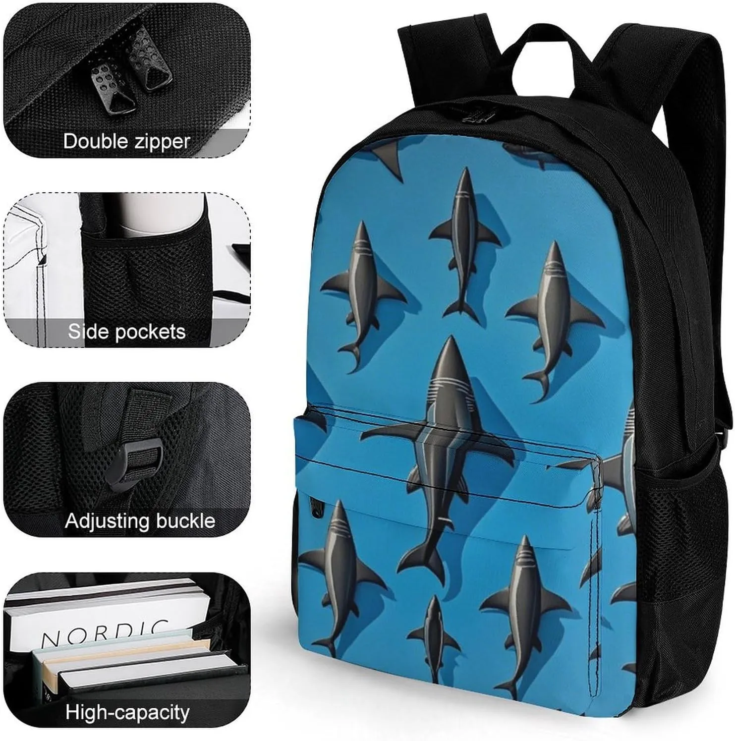 Supdreamc Men Women Lightweight Blue Ocean Sea Shark Art Backpack Large Capacity Carry On Bag With Padded Straps for Sports Work Walking Cycling