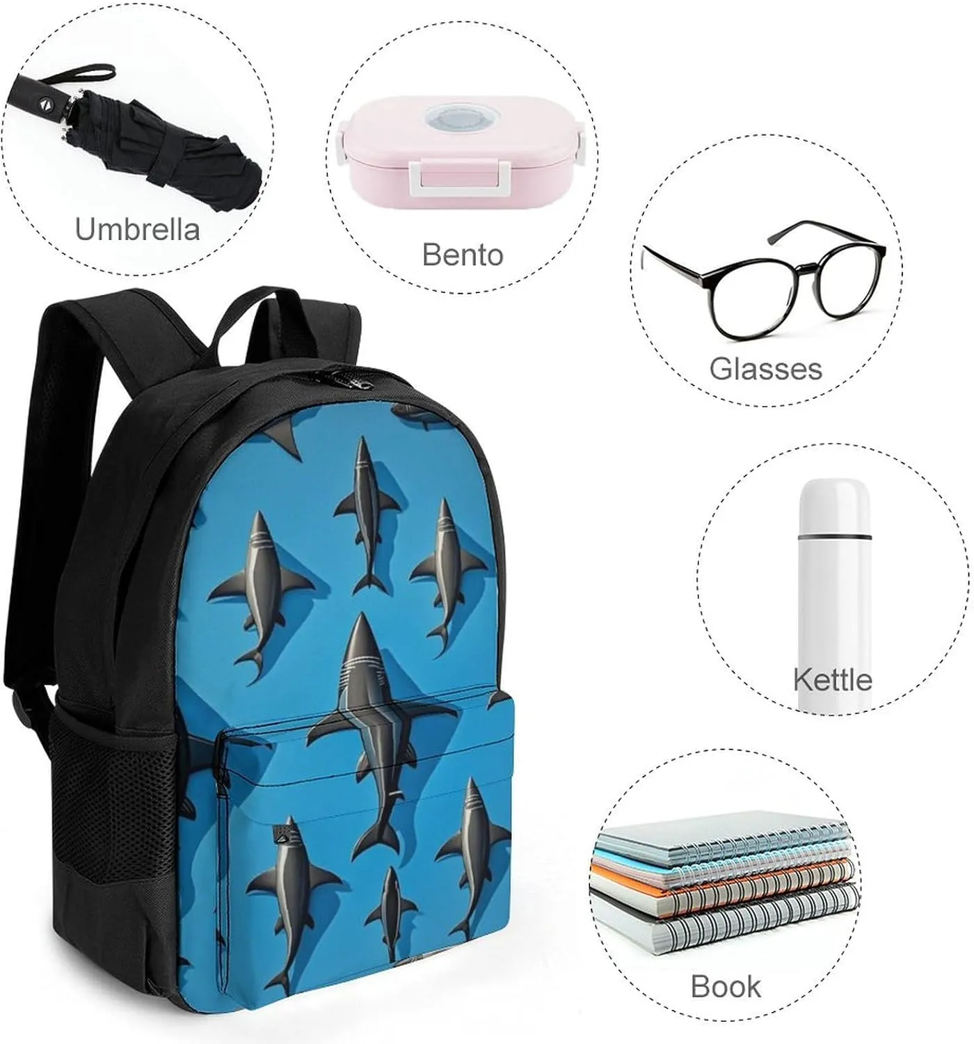 Supdreamc Men Women Lightweight Blue Ocean Sea Shark Art Backpack Large Capacity Carry On Bag With Padded Straps for Sports Work Walking Cycling